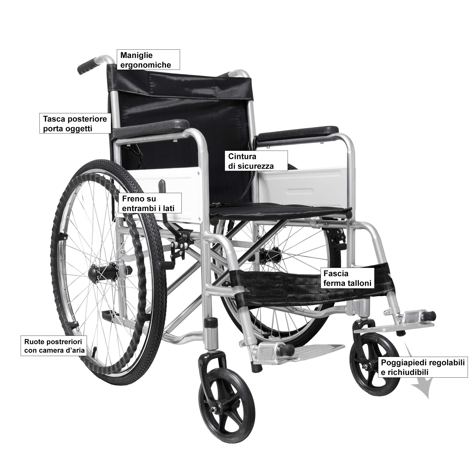 Sedia a Rotelle Pieghevole Leggera ad Autospinta, Carrozzina per Disabili ed Anziani con Braccioli e Poggiapiedi Estraibili, Cintura di Sicurezza, 85 x 69 x 91 cm Colore Nero e Argento