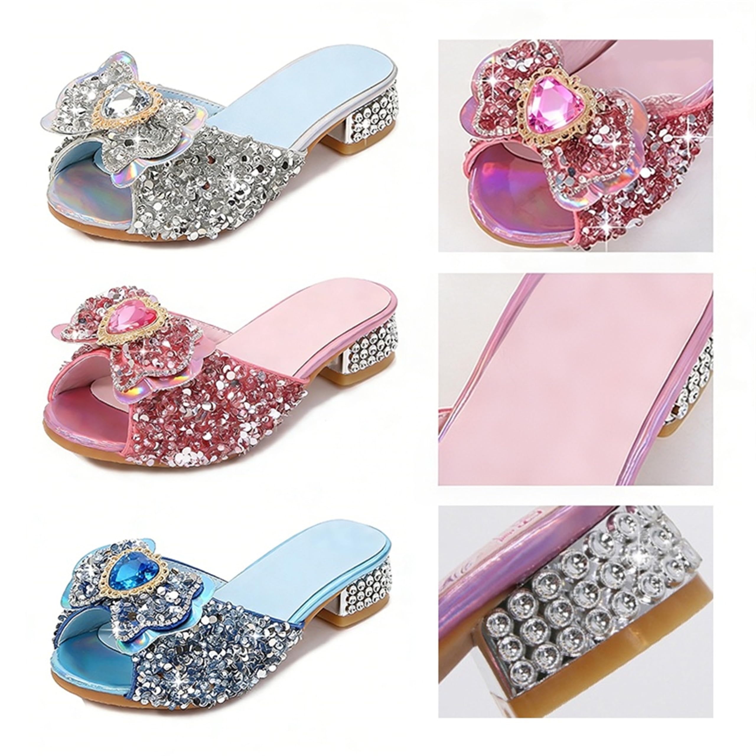 Princesse Fille Chaussures à Talon Haut Pantoufle Argenté Paillette Noeud Elsea Badge Semelle Elsea Imprimé Reine des Neiges Sandale Bouche de Poisson Noël Halloween