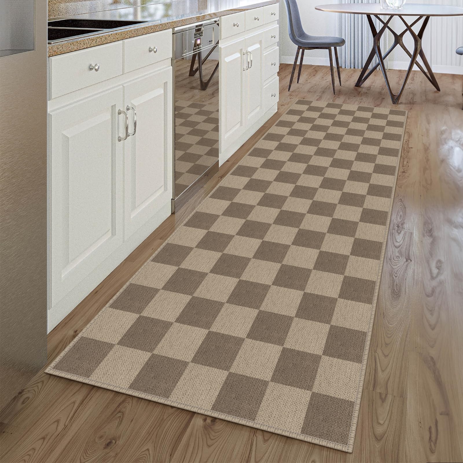 Rugalia Easy Jute Checkered Runner Rug, 2.6x8 Brown Modern Washable Rugs Runner for Hallway Non-Slip Kitchen Runner Rug, Geometric Checkerboard Indoor