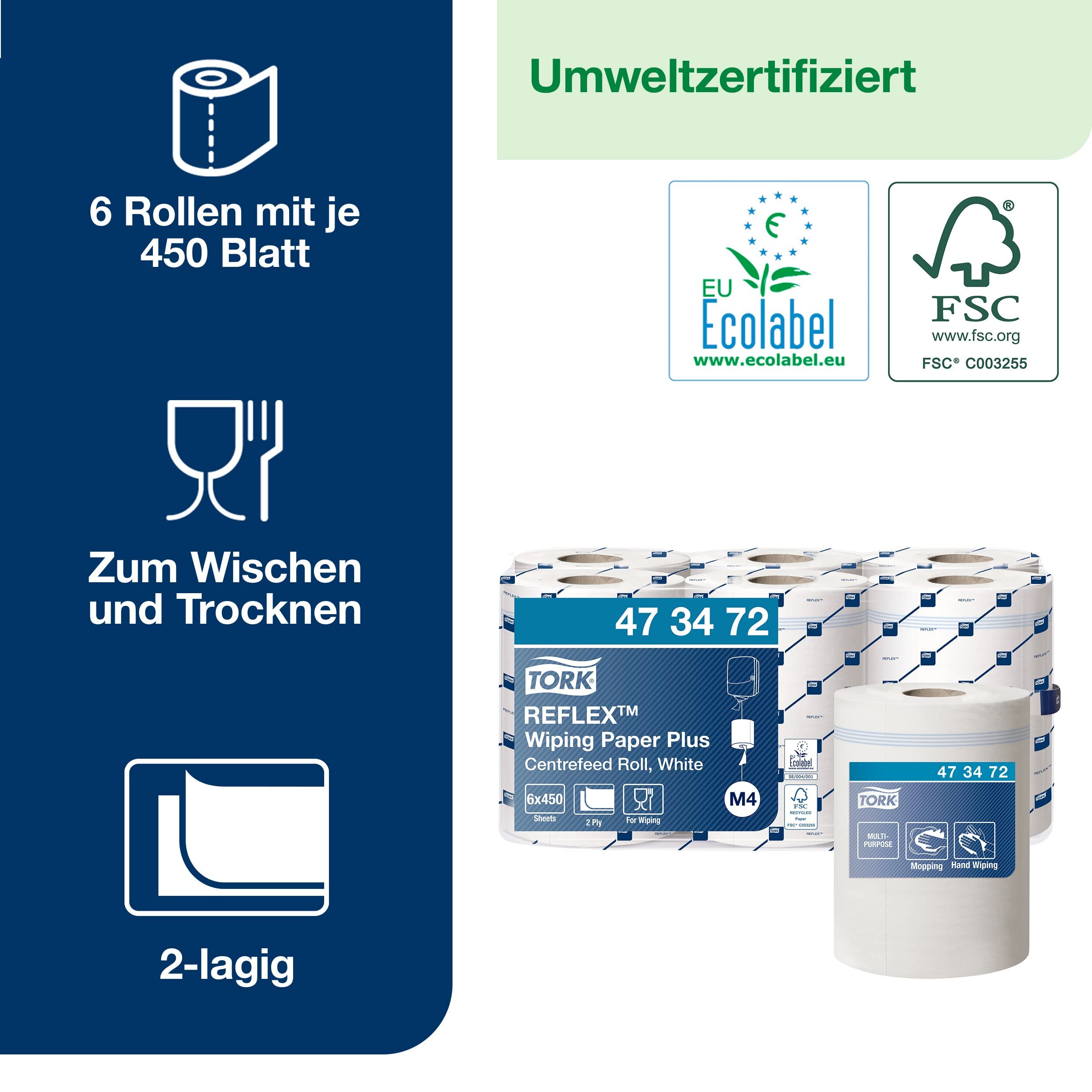 Tork Reflex Starke Mehrzweck-Papierwischtücher Weiß M4, SmartCore, 6 × 450 Blatt, 473472