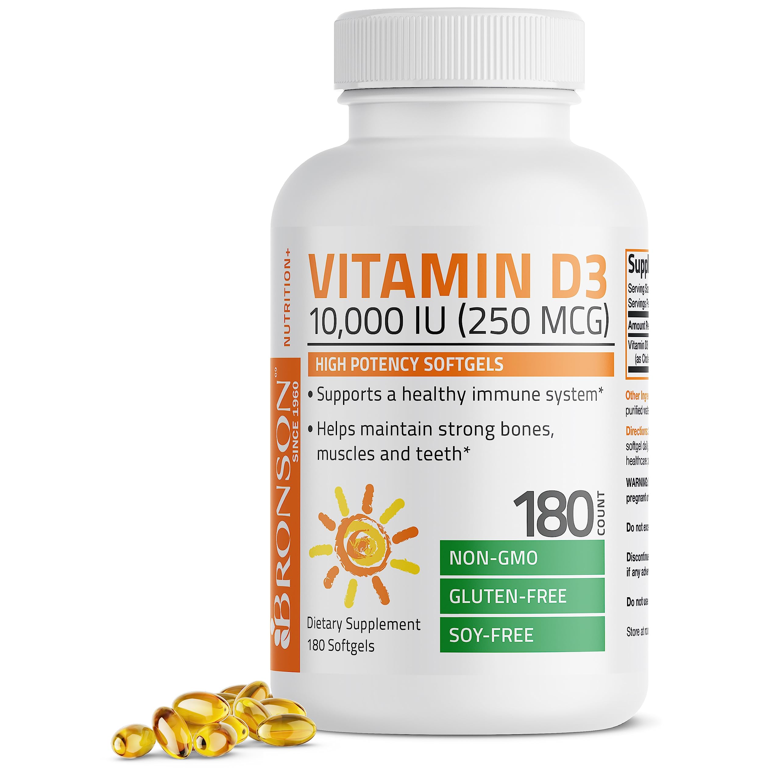 Bronson Vitamin D3 10,000 IU (250 mcg) High Potency - Supports Healthy Immune System, Strong Bones, Muscles & Teeth - Non GMO, 180 Softgels