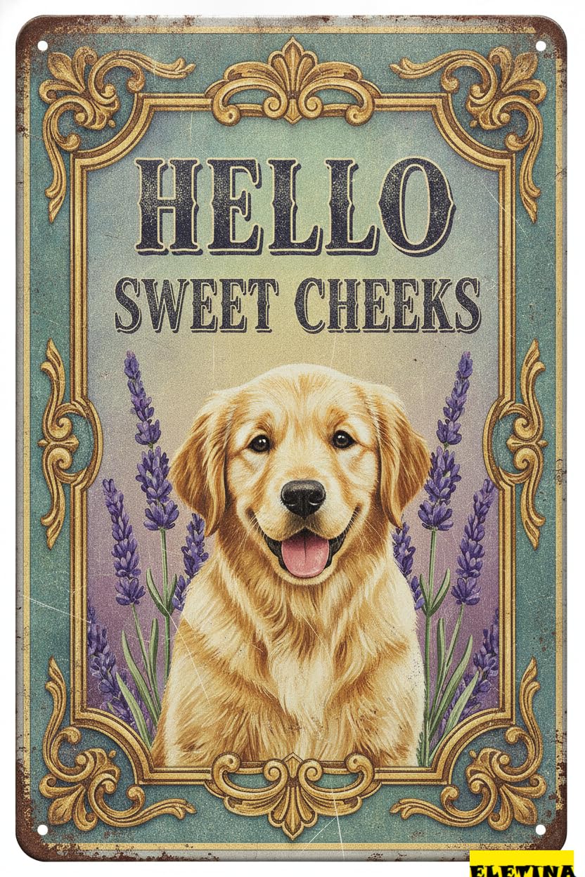 Hello Sweet Cheeks Golden Retriever Tin Sign, 8x12 Inch