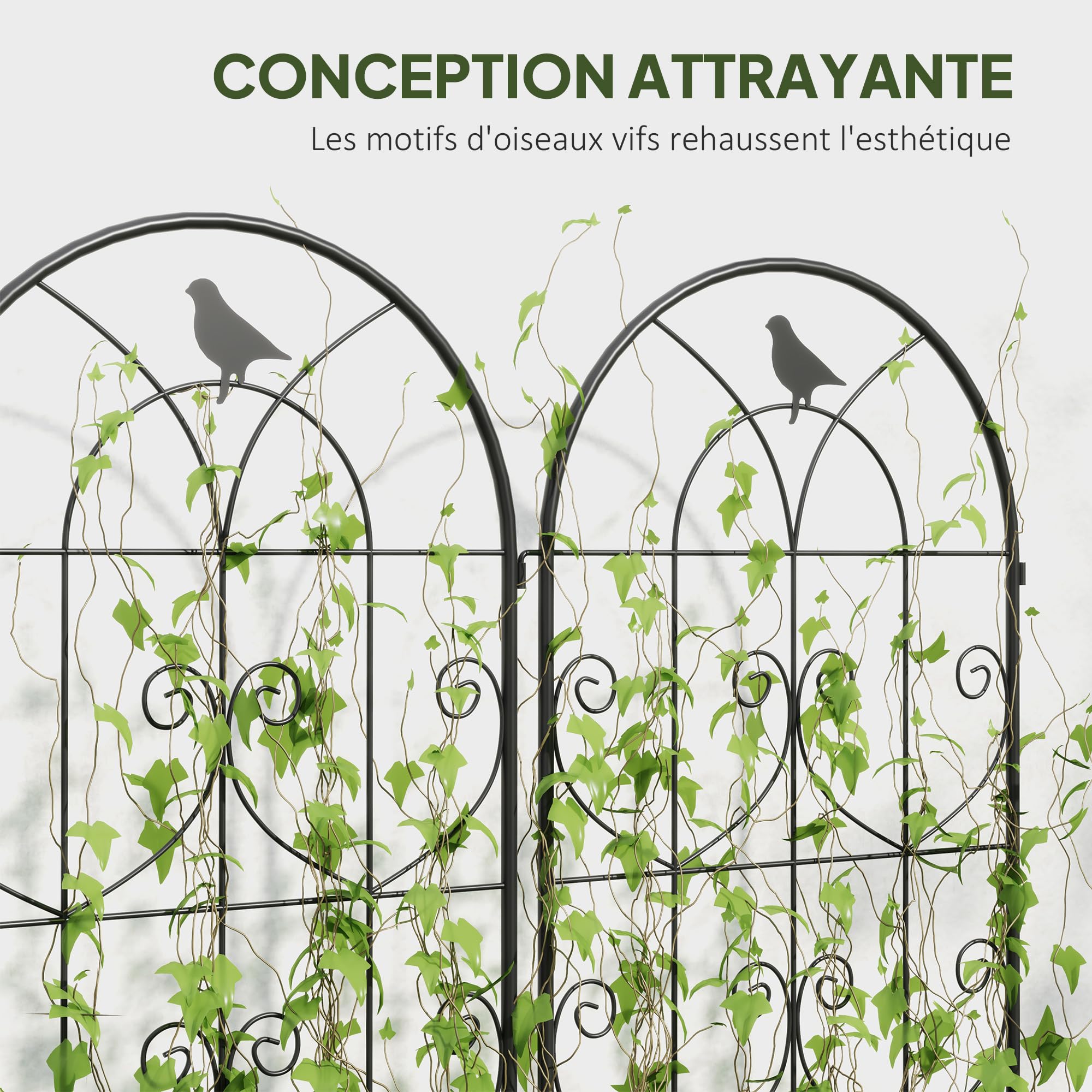 Outsunny Support pour Plantes Grimpantes avec Oiseaux, Lot de 2, Treillis de Jardin, pour Légumes, Vignes, Fleurs, en Métal, 50 x 180 cm, Noir