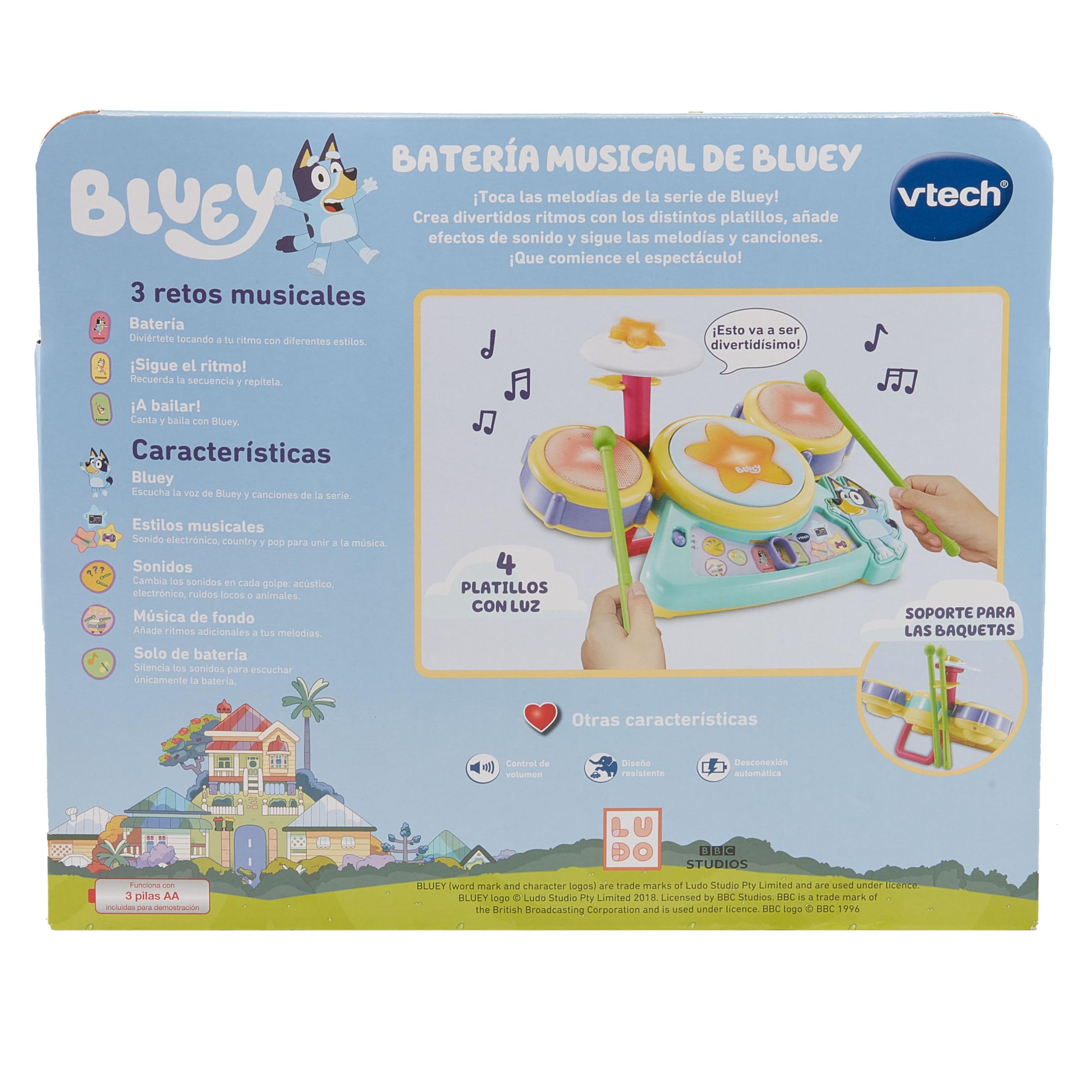 VTech - Batería Musical de Bluey, Juguete Interactivo, Tambores, Bombo y Timbal, Estimula la motricidad, 3 Modos de Juego, Regalo niños +2 años, Versión ESP