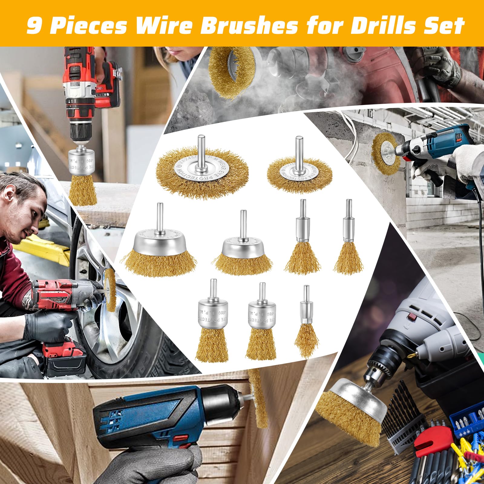 Set 9 Spazzole Per Trapano In Acciaio - Spazzole Metalliche Per Lucidare, Rimuovere Ruggine, Sbavature, Con Codolo 1/4 - Foto 5