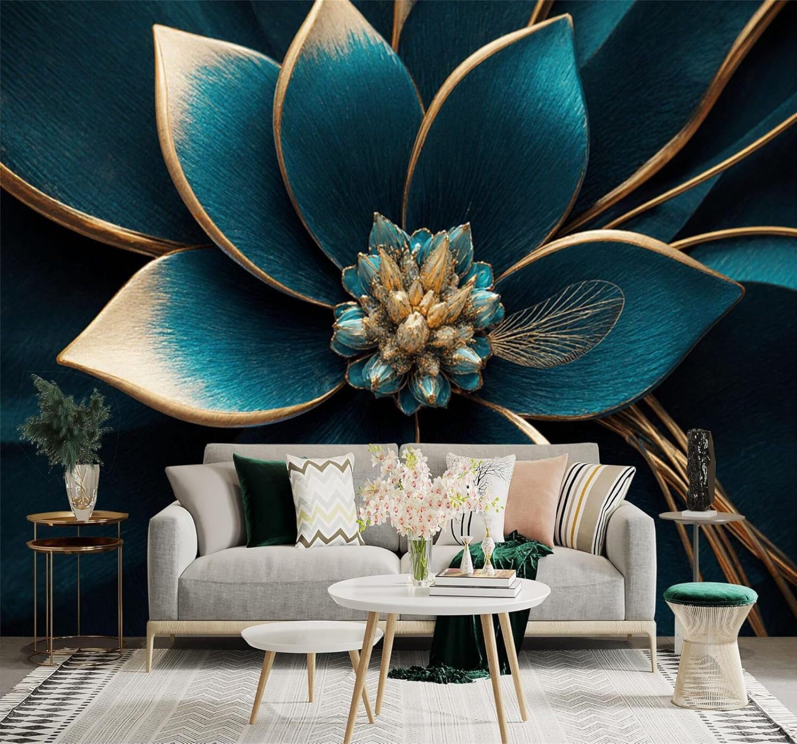 XLMING Elegant Three Dimensional Blue Gold Flowers Petal Texture 3D Wallpaper Silky Texture Home Study Office Grey Dining Room Sofa Bedroom Living Room TV Backdrop-250cm×170cm