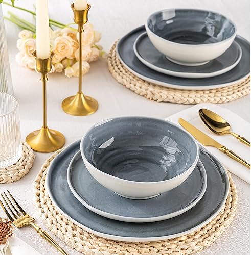 Miniatura 6 de Vajilla de cerámica, juegos de platos y cuencos de cerámica con borde ondulado artesanal, altamente resistentes a las astillas y grietas, aptos para