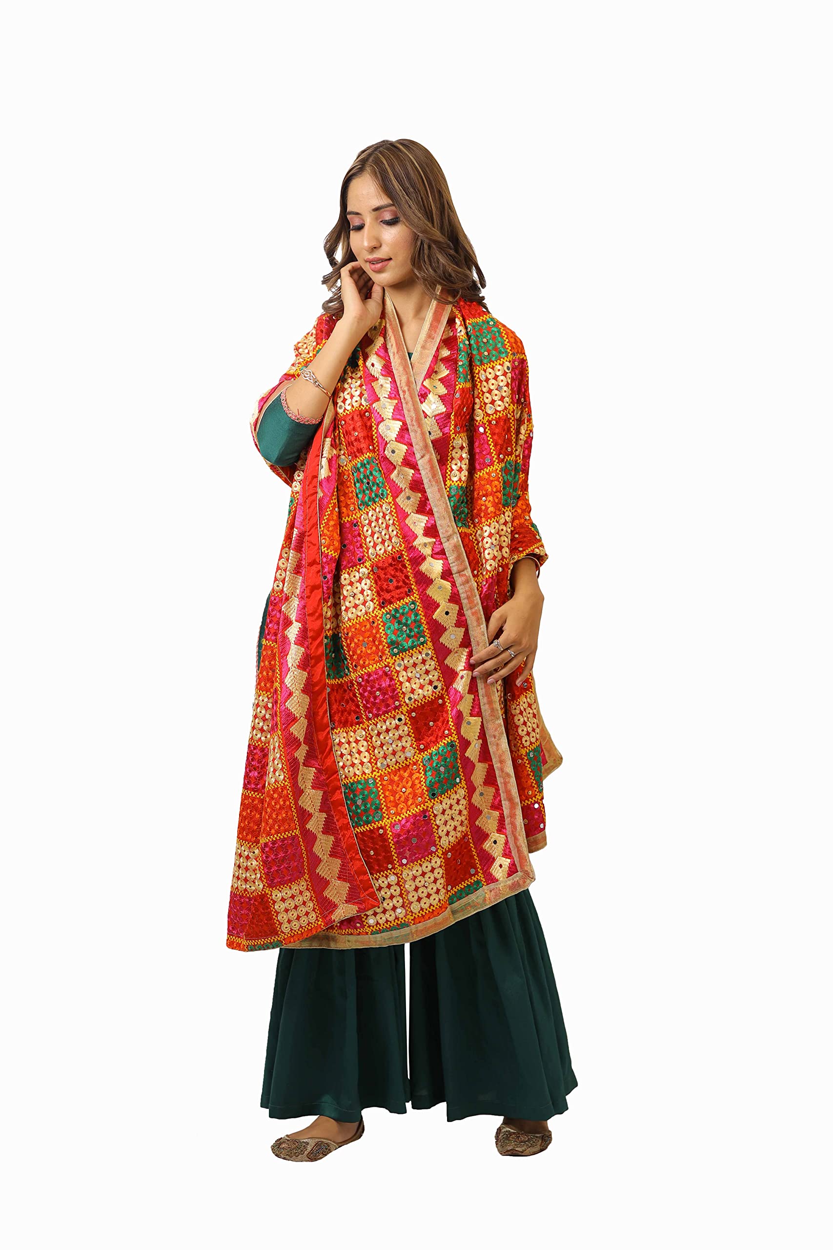 Webelkart Damen bestickte Phulkari Chiffon Dupatta | Traditioneller Punjabi-Stil | leichte ethnische Stola für Festlich & Alltag