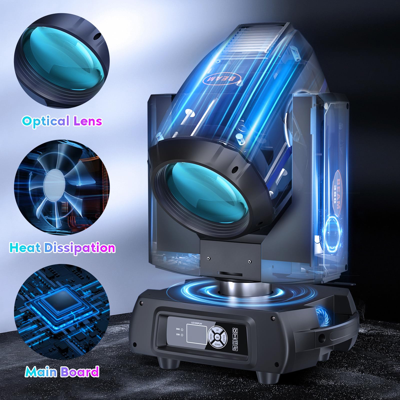 Luce a testa mobile con prismi a 16 sfaccettature, 13 Gobos, 14 colori RGBW, LED di messa a fuoco lineare, DMX 512 e attivazione sonora per eventi DJ, matrimoni, feste