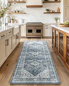 AMADA HOMEFURNISHING 2.7x8 Washable Runner Rug, Low-Profile Kitchen Runner Rugs with Non-Slip Backing & Durable Edge Binding, Vintage Entryway Rug for Bedroom & Hallway