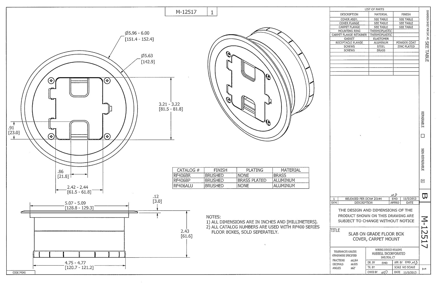 Bryant Electric RF406GY Pre-assembled Flange, Cover, and Leveling Ring for Floor Boxes Poured in Concrete with 15A 125V Outlet Included, Gray