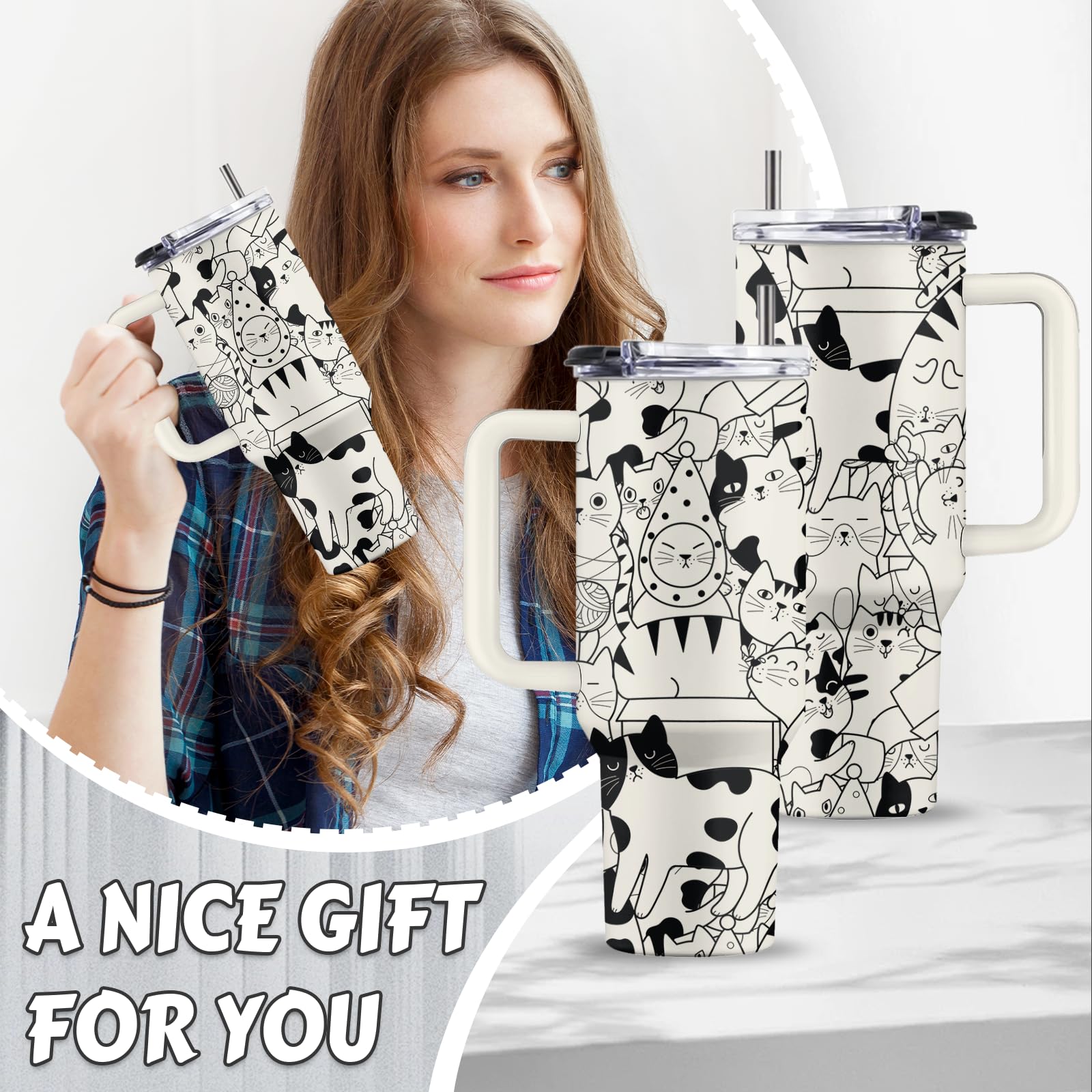 Regalos de gatos para los amantes de los gatos, vaso de gato de 40 onzas con asa y popote, regalos para amantes de los gatos, regalos de cumpleaños para el día de San Valentín para los amantes