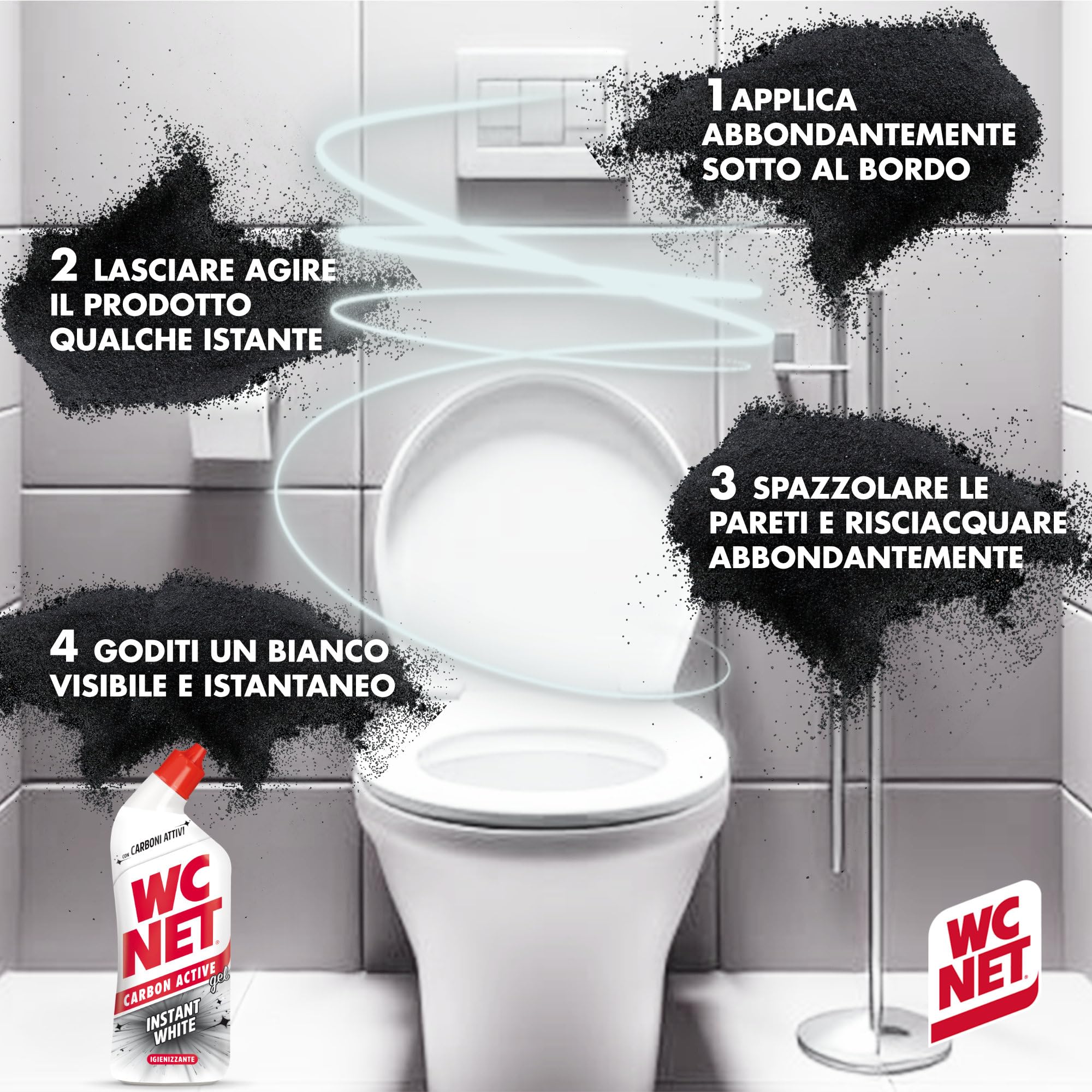 Wc Net – Carbon Active Instant White, Detergente Liquido per WC con Carboni Attivi, Prevenzione del Calcare e Igienizzante per WC, 700ml x 4 Confezioni