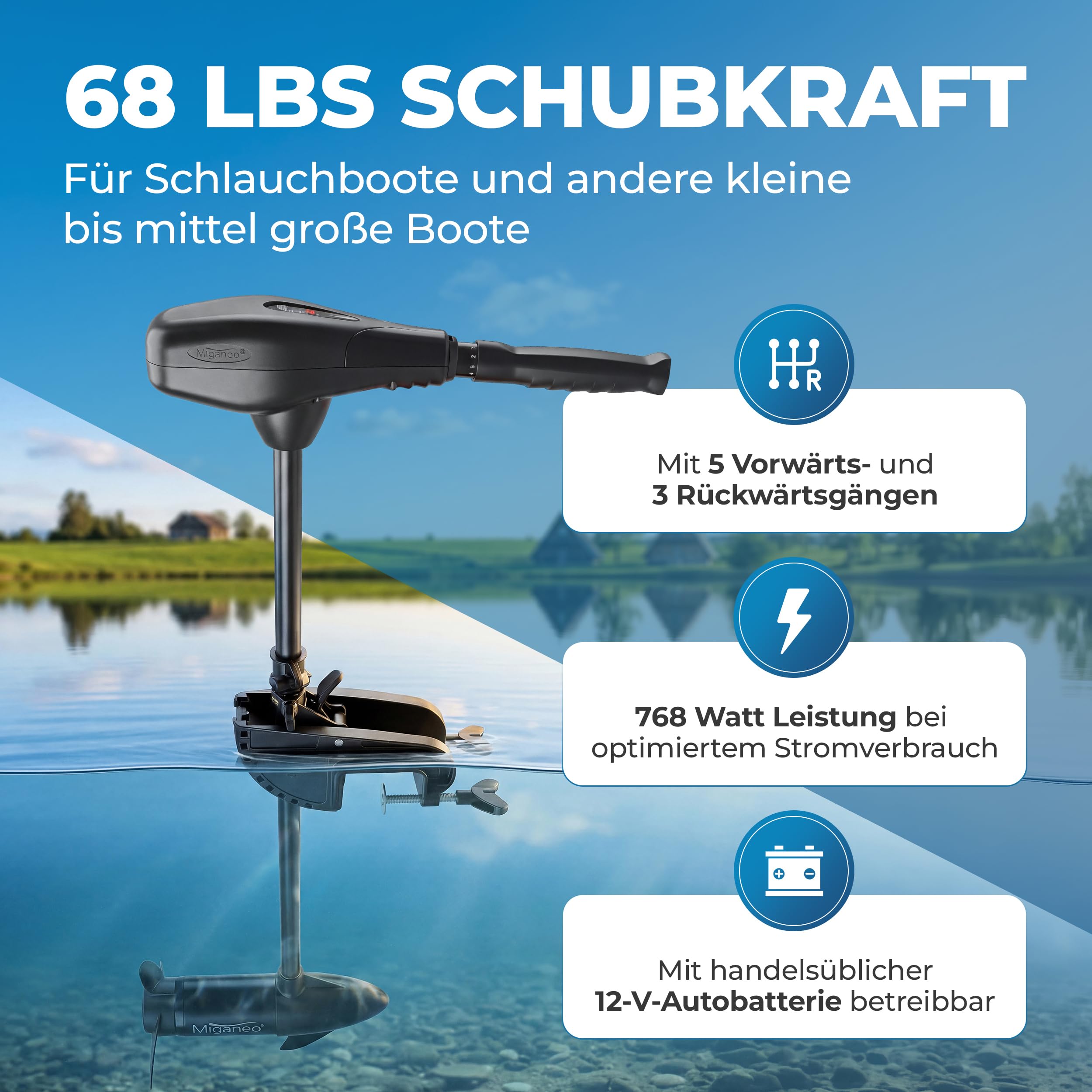 Miganeo Elektromotor Boot TRS 68 lbs – Elektro Außenborder 768 Watt – Salzwassertauglich & mit LED Batterieanzeige – Bootsmotor Elektro 12V auch für Schlauchboote – 5 Vorwärts- & 3 Rückwärtsgänge