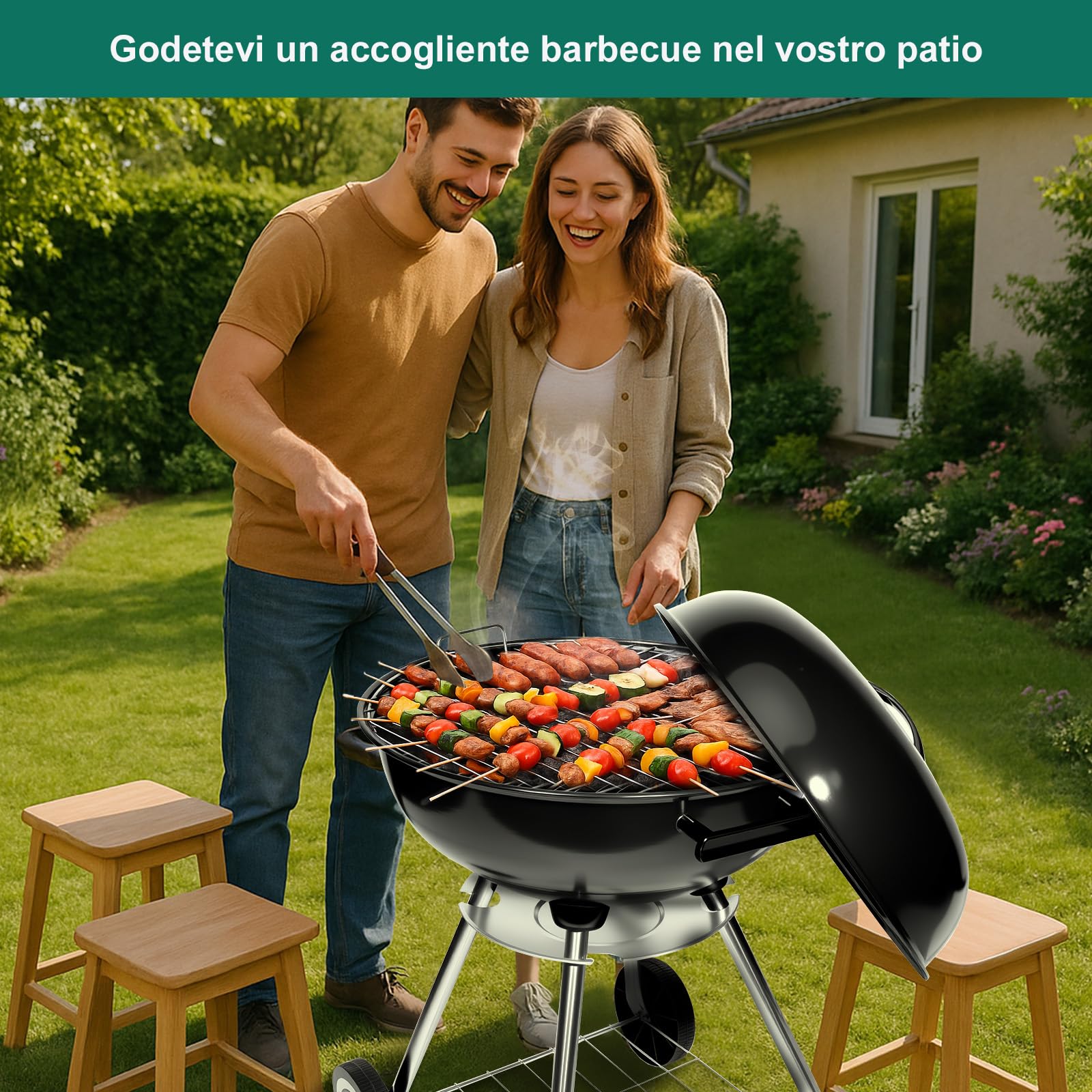 HYCHIKA Barbecue a Carbonella Tondo, Ø47cm 18pollici Grill BBQ Carbonella Compatto con Coperchio e Ruote, per Giardino Balcone Campeggio