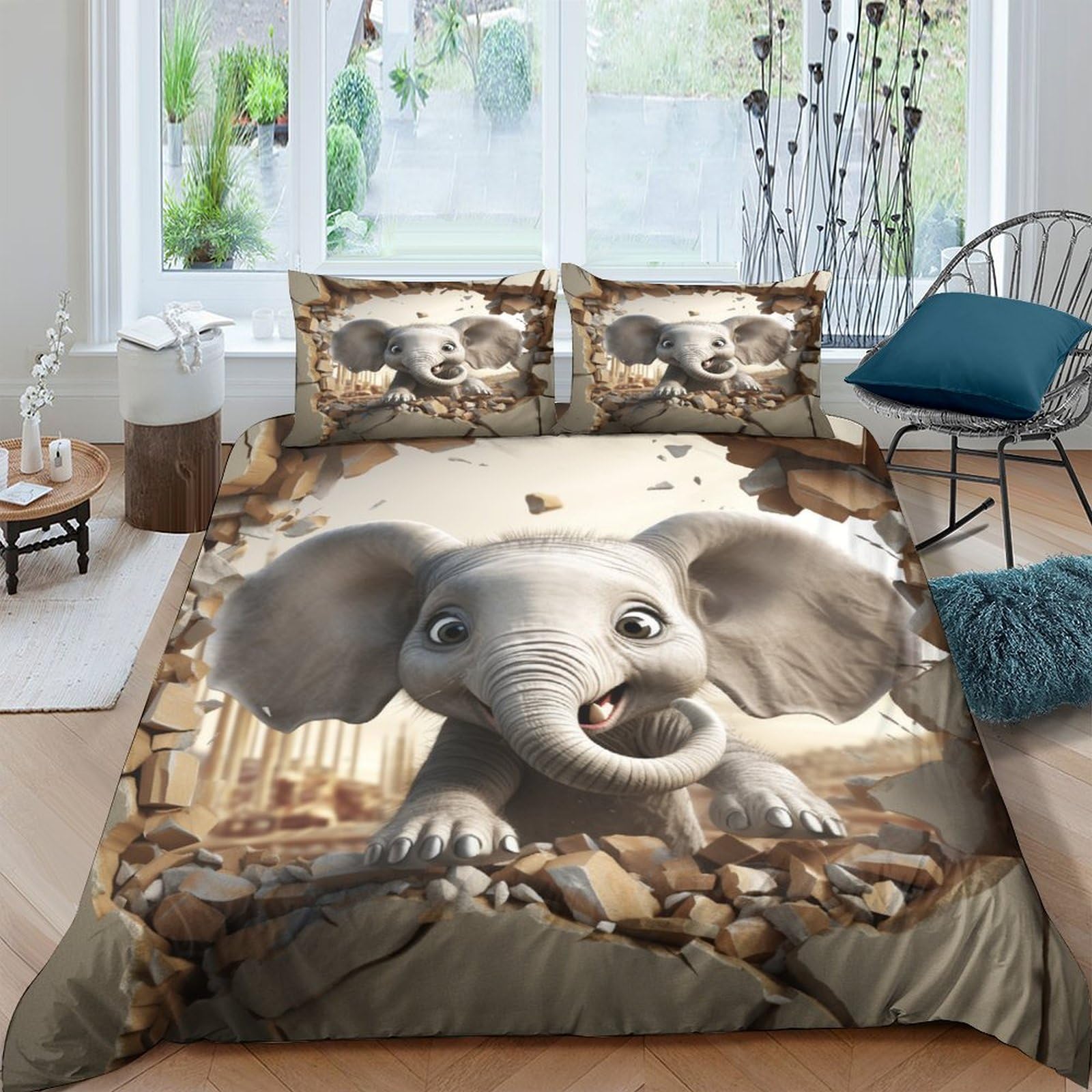 Housses de couettes 200x200cm anti-transpiration en microfibre douce motif éléphant 3D