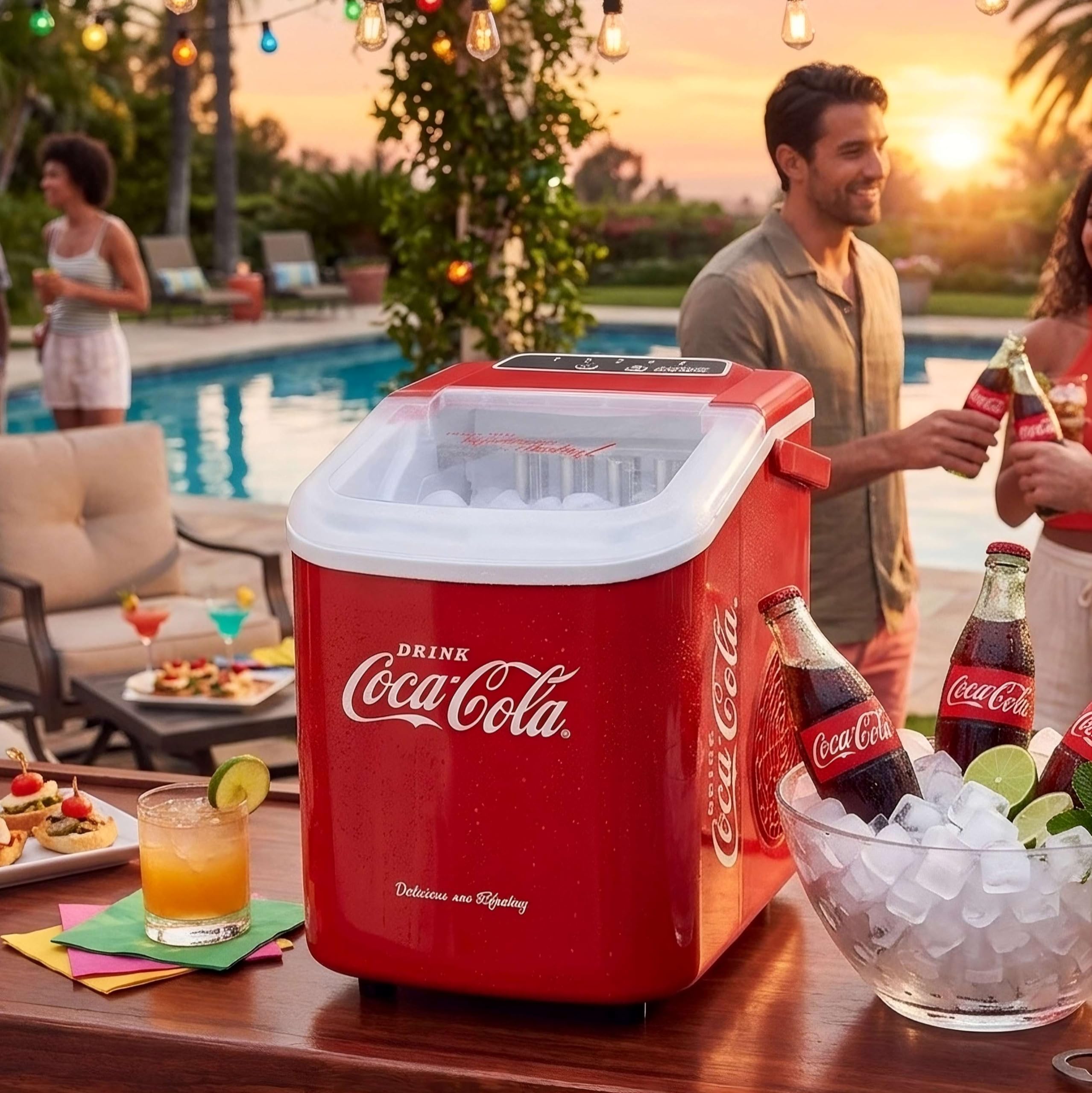 Salco Coca-Cola Retro Eiswürfelmaschine – Schneller Eiswürfelbereiter für Party, Camping & Home, 9 Würfel in 7-11 Min, Mobiler Eismacher mit Tragebügel, 12kg/24h, Inkl. Schaufel & Korb, Rot