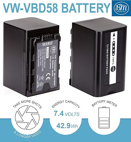Miniatura 2 de BM Premium Paquete de 2 baterías VW-VBD58 para Panasonic AG-VBR59, BGH1, HC-X1, HC-X1500, HC-X2000, AG-CX10, AG-CX350, AG-UX180, AG-AC30, AG-UX90,
