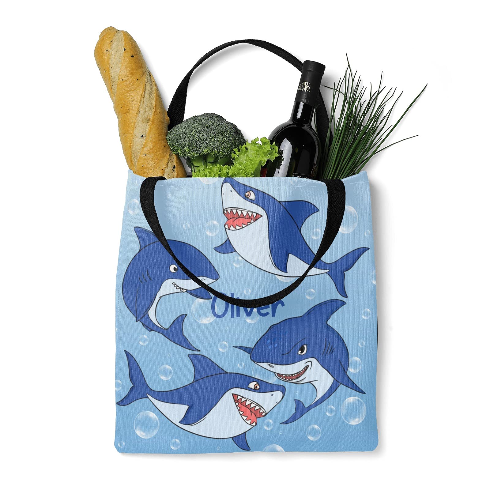 Yeshop Shark Blue Personalized Canvas Tote Bags, Reusable Bags for Shopping,Travel,School Handbag Gift, 14.17 Inch x 14.57 Inch