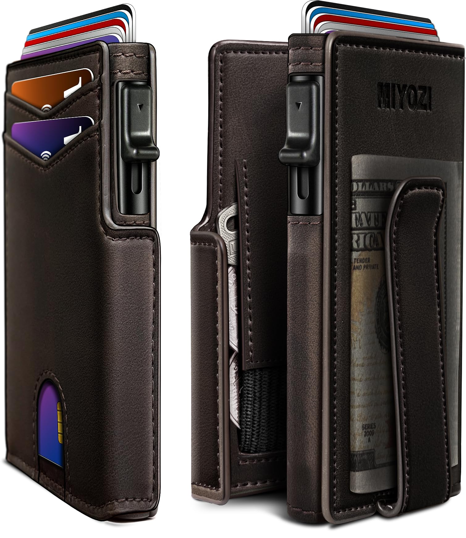 miyozi Men Wallet,with Money Clip Coins Pocket ID Window,Slim Front Pocket RFID Blocking Pop-up Card Holder 3.9"x 2.7", Gift Boxed