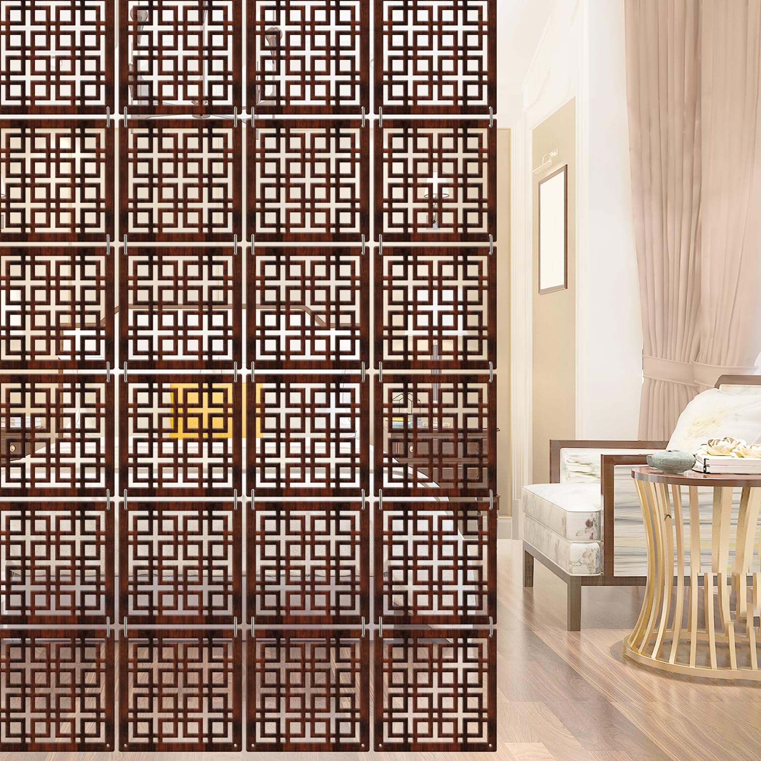 Olive Tree Wooden Hanging Room Divider for Living & Dining Room, Hall | Elegant & Modern Stylish Screen Partition|Aesthetic Separator for Home Decoration 12 Panels DIY (11.5X11.5 inch) Walnut - 7049-image-35