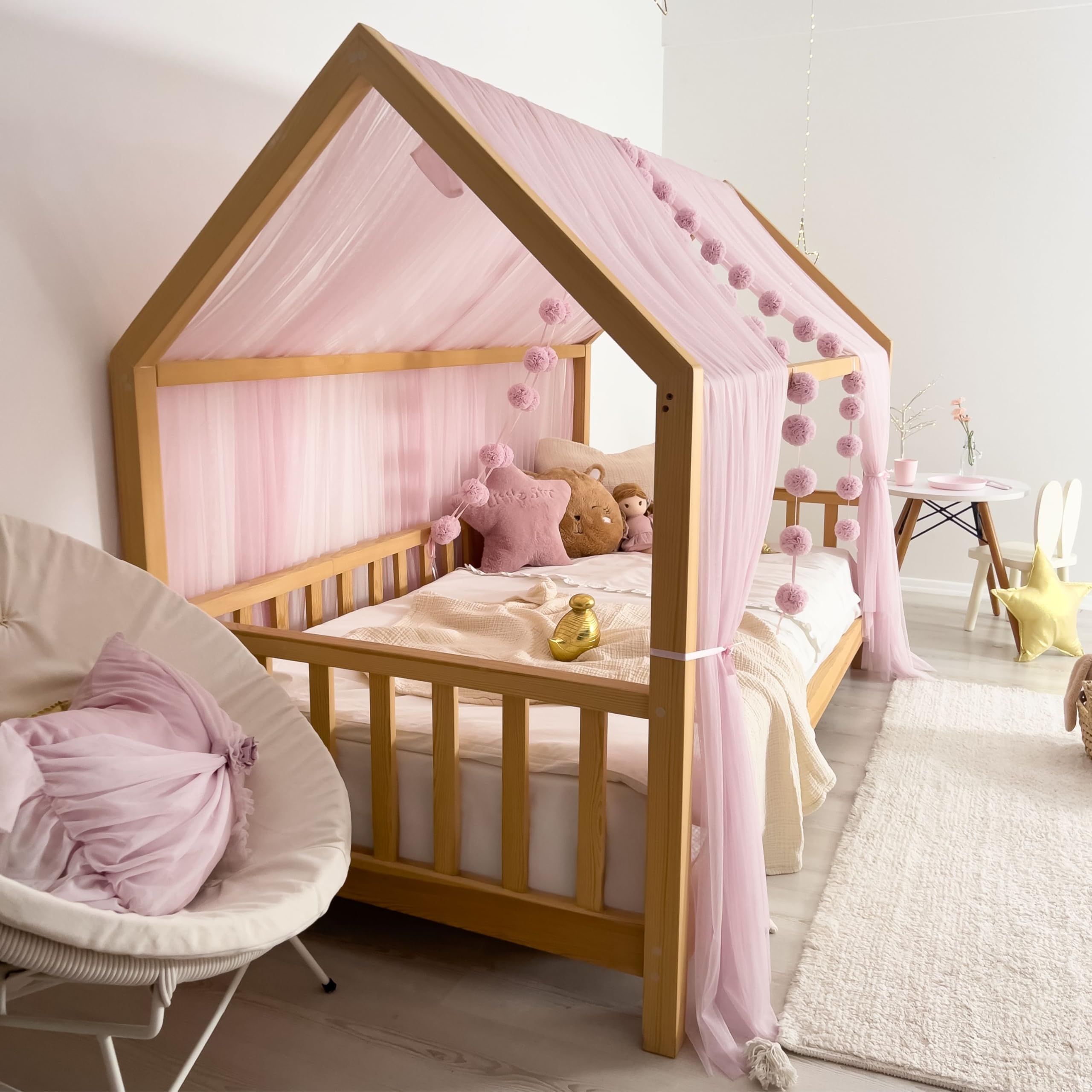 Tenda a baldacchino per letto della cameretta dei bambini, decorazione per letto montessori, tenda da gioco in morbido tulle per i più piccoli (Baby lilla, 460 cm, set da 3)