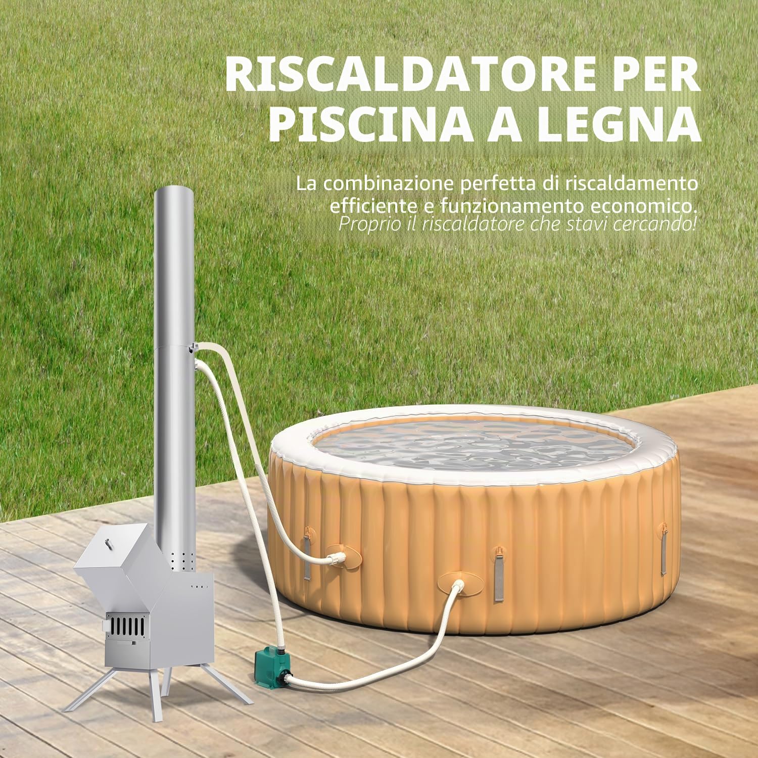 ECO POOLTECH Riscaldatore a legna per piscina per acqua calda all'aperto, adatto per piccole piscine, barili da bagno e vasche idromassaggio