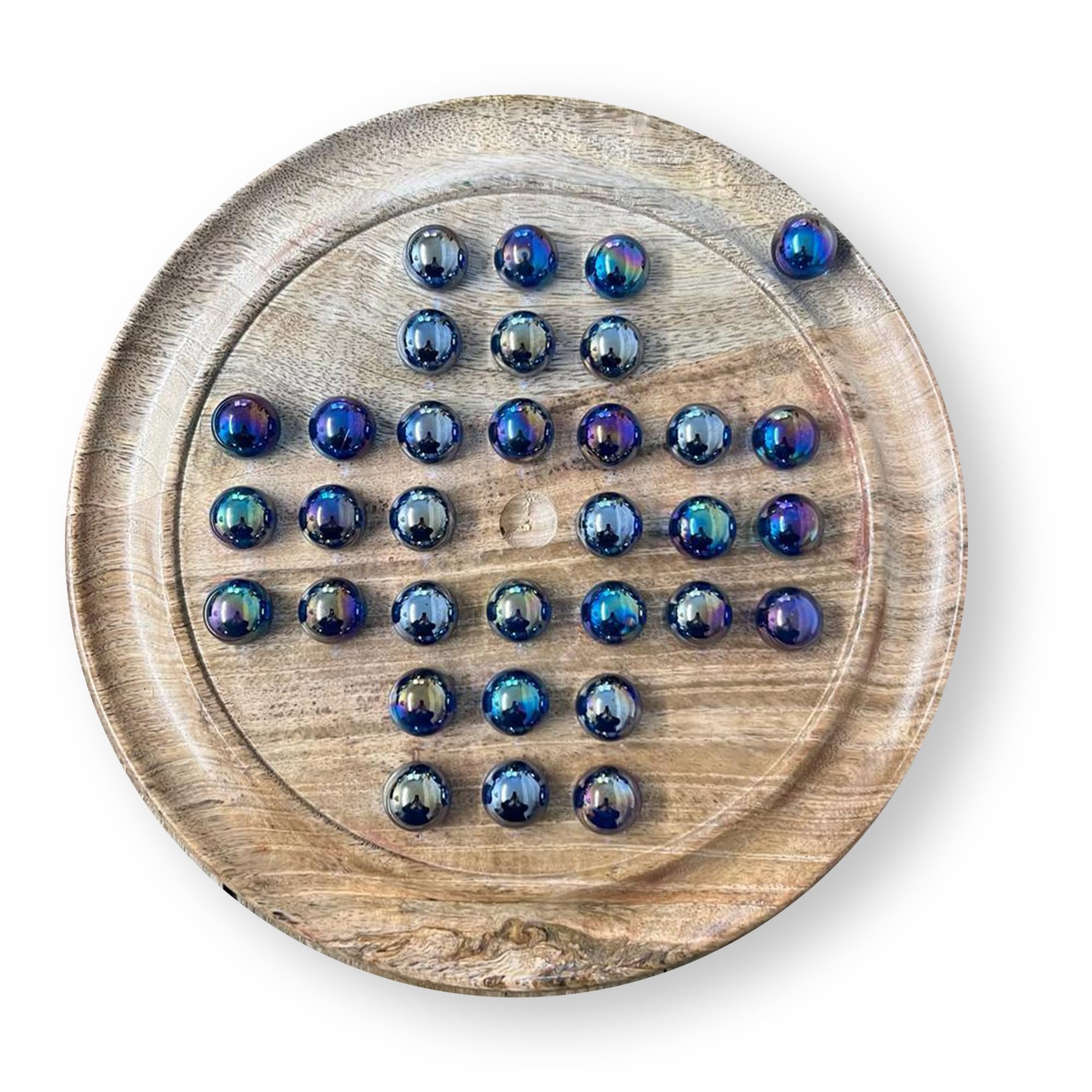 30cm Diameter MANGO WOOD SOLITAIRE BOARD GAME with Lustered Blue Glass Marbles | |classic wooden solitaire game | strategy board game