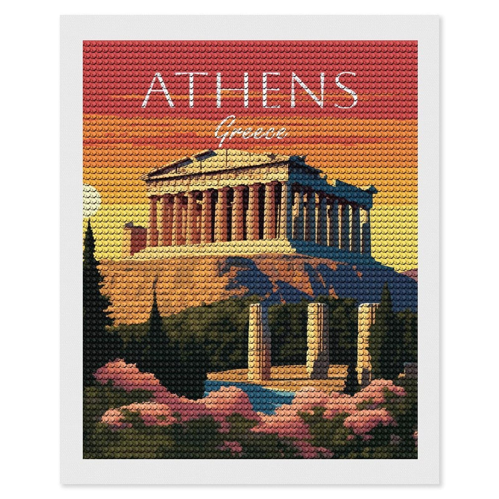 Junmoney Athens, Greece Sunset Diamond Painting Canvas Kit 16"x20", Adhesive Canvas, Living Room Decor, Farmhouse Decor, Winter Craft