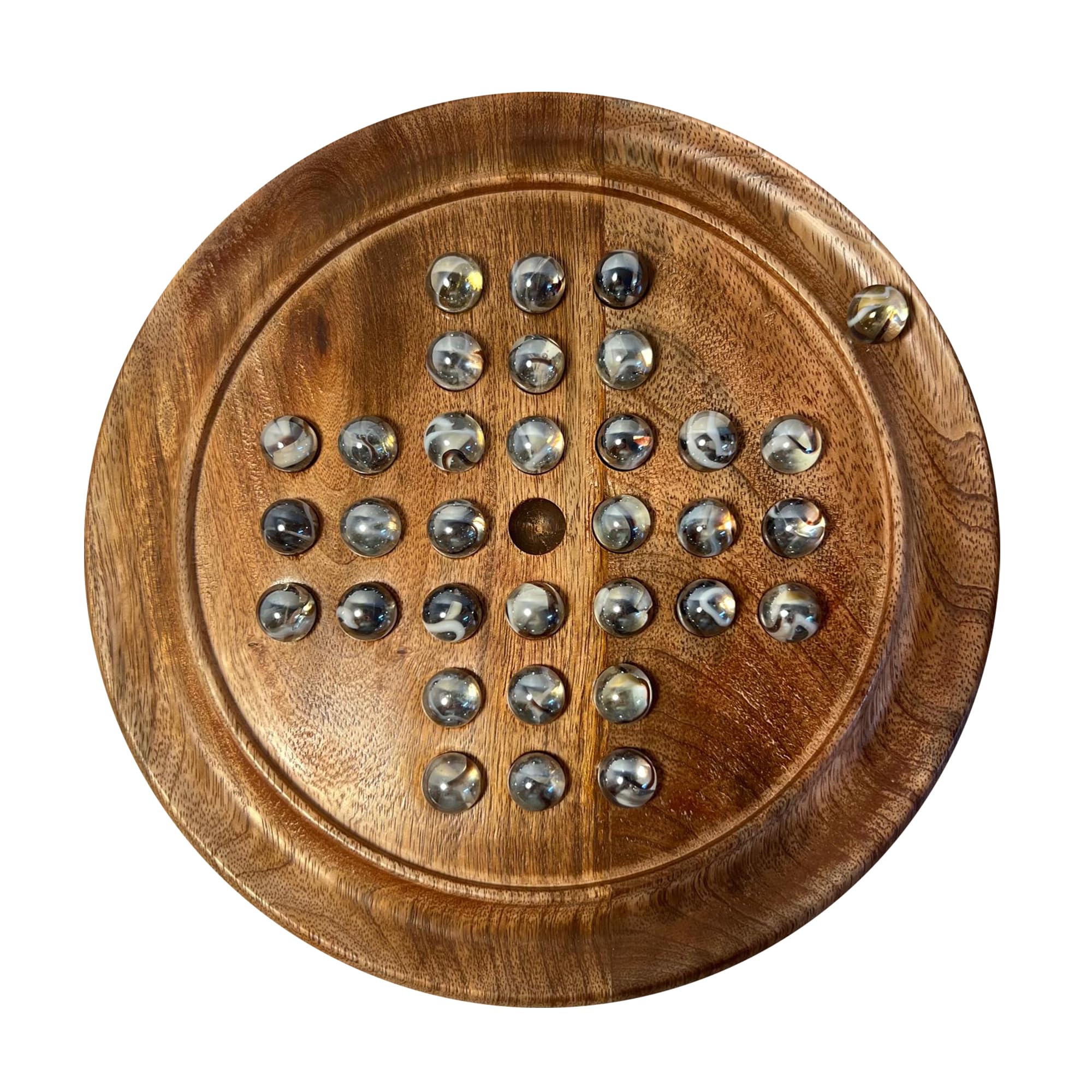 Jeu de société solitaire en bois de 22 cm de diamètre avec billes de verre tourbillonnantes transparentes | jeu de solitaire classique en bois | jeu de société de stratégie | jeu de société familial |