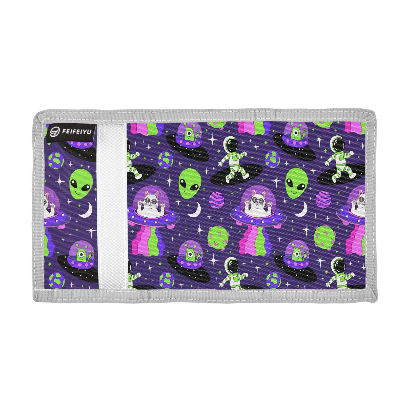 JHKKU Cat Alien Astronauts Trifold Wallets for Kids Boys Girls, Outdoor Sports Wallet for Teen, with Zipper Coin Pocket Novelty Purse