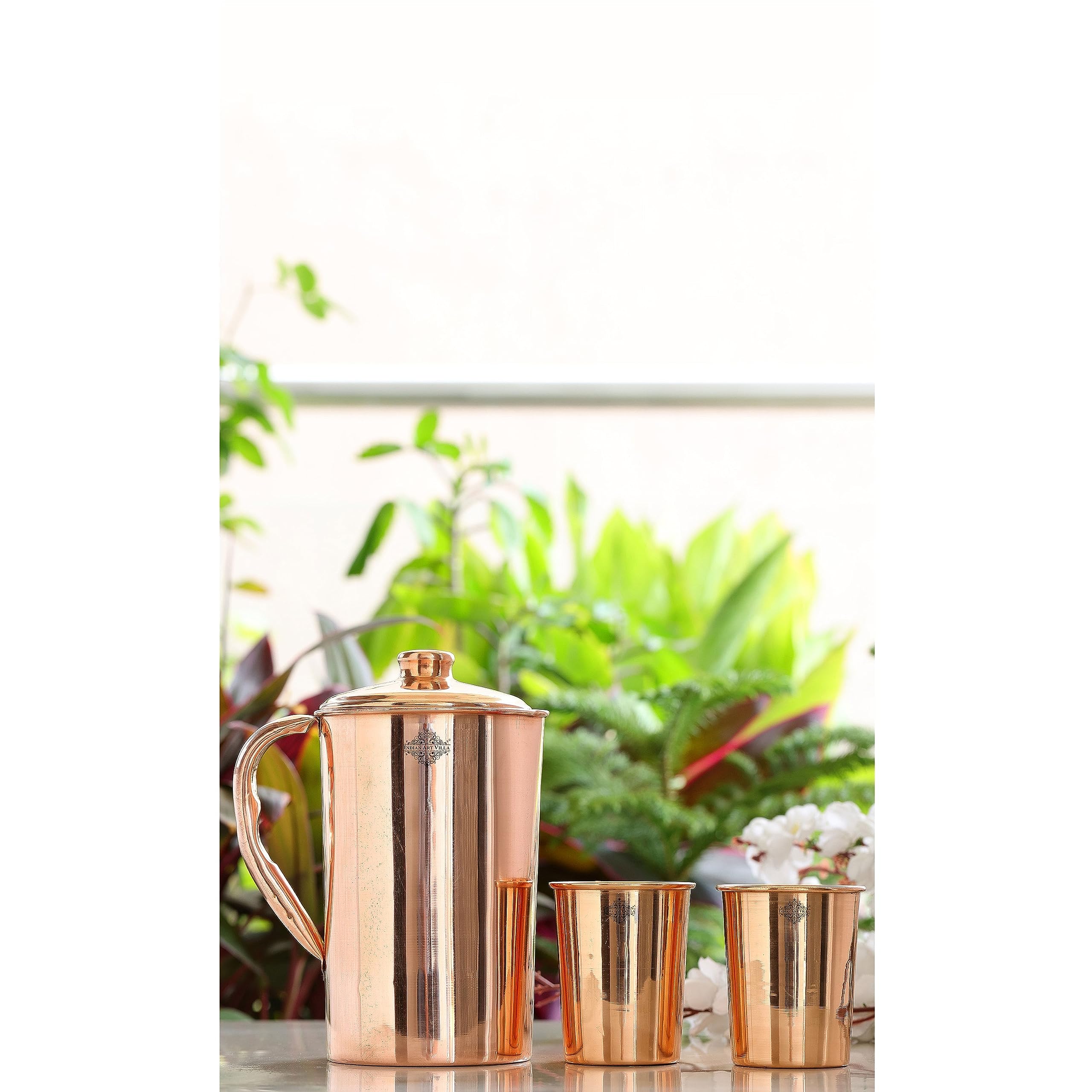 Indian Art Villa Pure Copper Jug Pitcher with 2 Tumbler with Plain Design, Drinkware & Serveware, Best Gift Set for Diwali, New Year, Anniversary, Party & Christmas, 3 Pieces