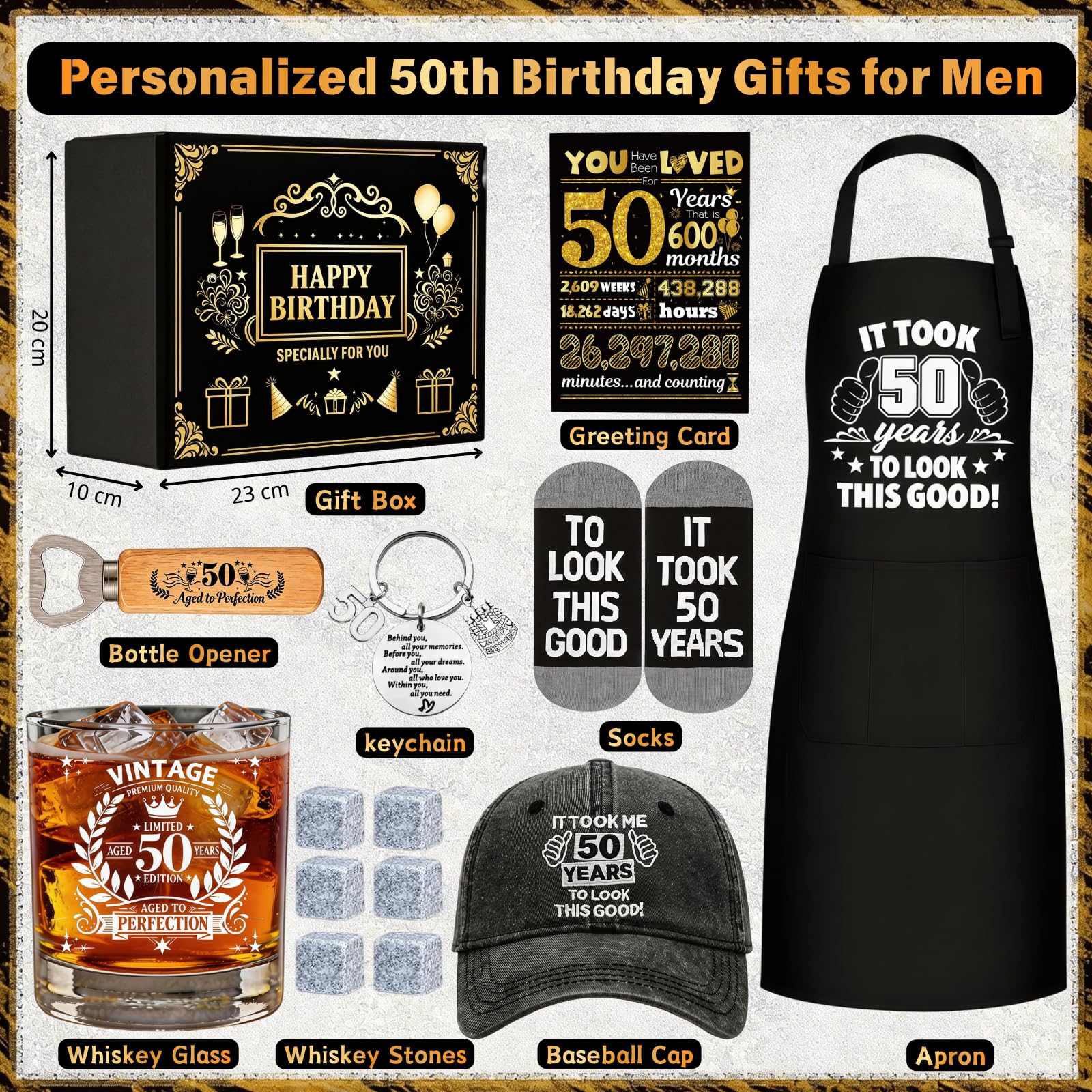 Juego de vasos de whisky de regalo de 50 cumpleaños para hombres, regalos geniales para hombres de 50 años con delantal de cristal de whisky de 11 onzas, gorra de béisbol, llavero, abrebotellas