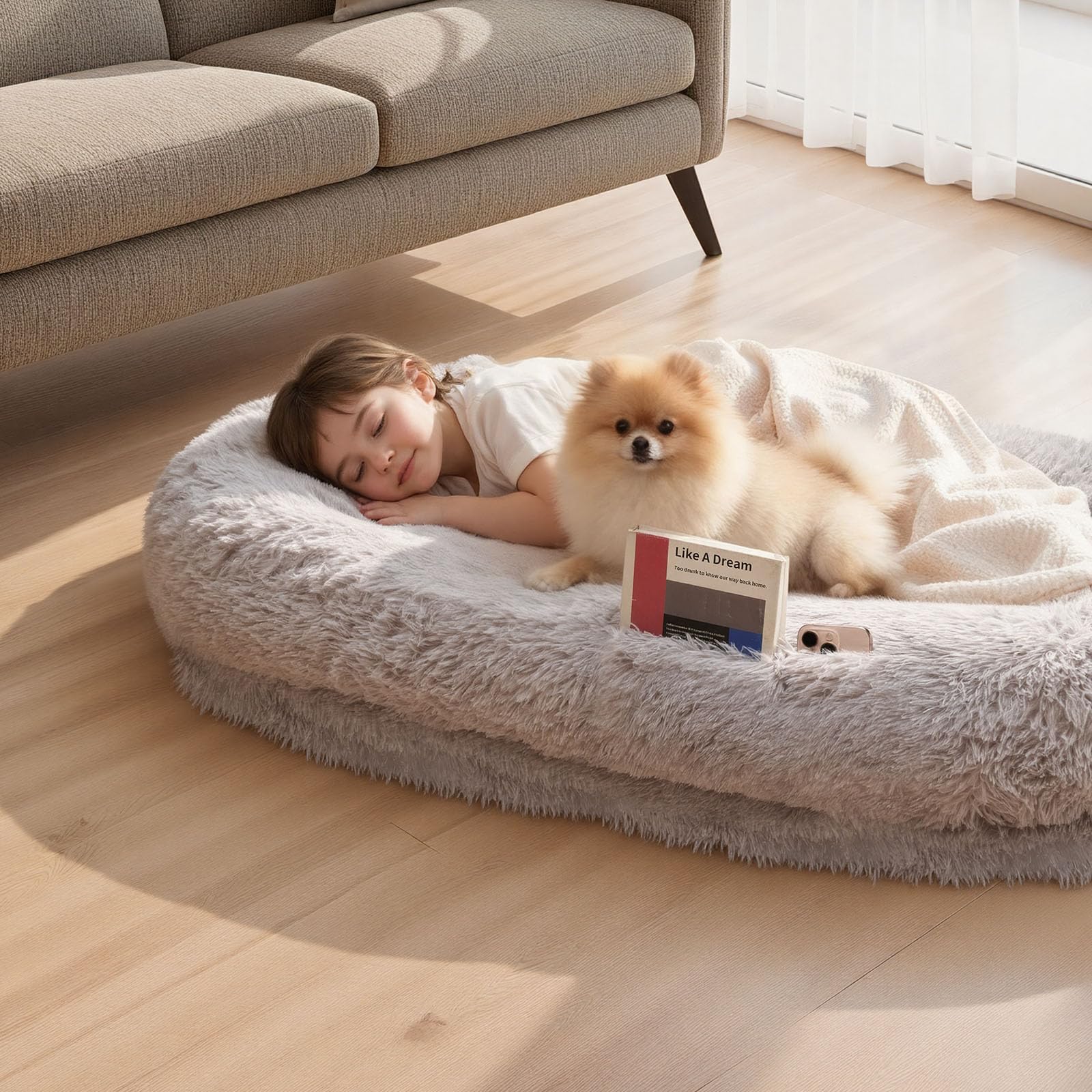 VEVOR Cama para Perros de Diseño Ovalado, de Espuma Viscoelástica, Tamaño Humano, con Bolsillo Lateral, Asa y Cremallera, Funda Extraíble y Lavable a Máquina, Color Gris, 1320 x 860 x 240 mm