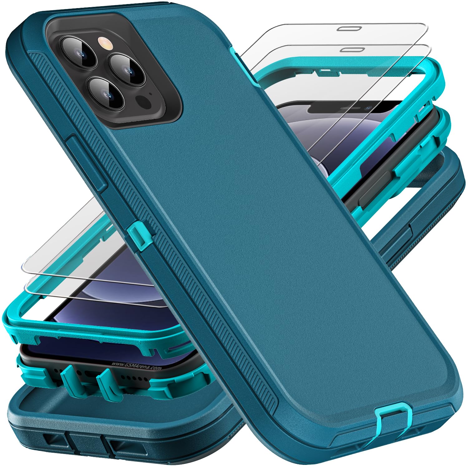YKHJKLEC for iPhone 12/12 Pro Case, Military Grade 3 in 1 Heavy Duty Shockproof/Drop Proof/Dust Proof with 2Pcs Tempered Glass Screen Protector (Blue/