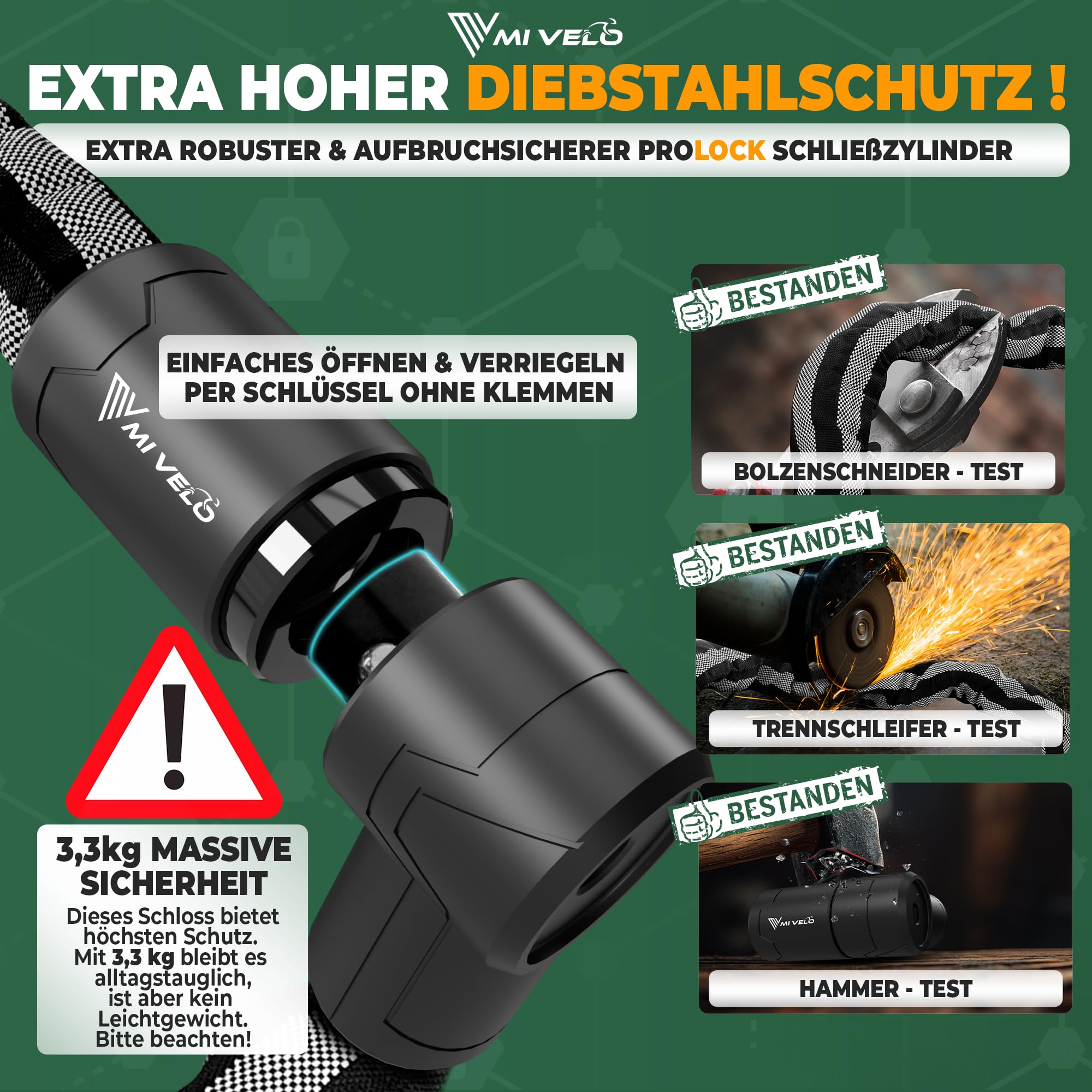 MIVELO Kettenschloss extra sicher mit 10mm Vierkante-Kette I Motorradschloss & Fahrradschloss hohe Sicherheit - Motorrad Schloss - Sicherheitsschloss aus Stahl
