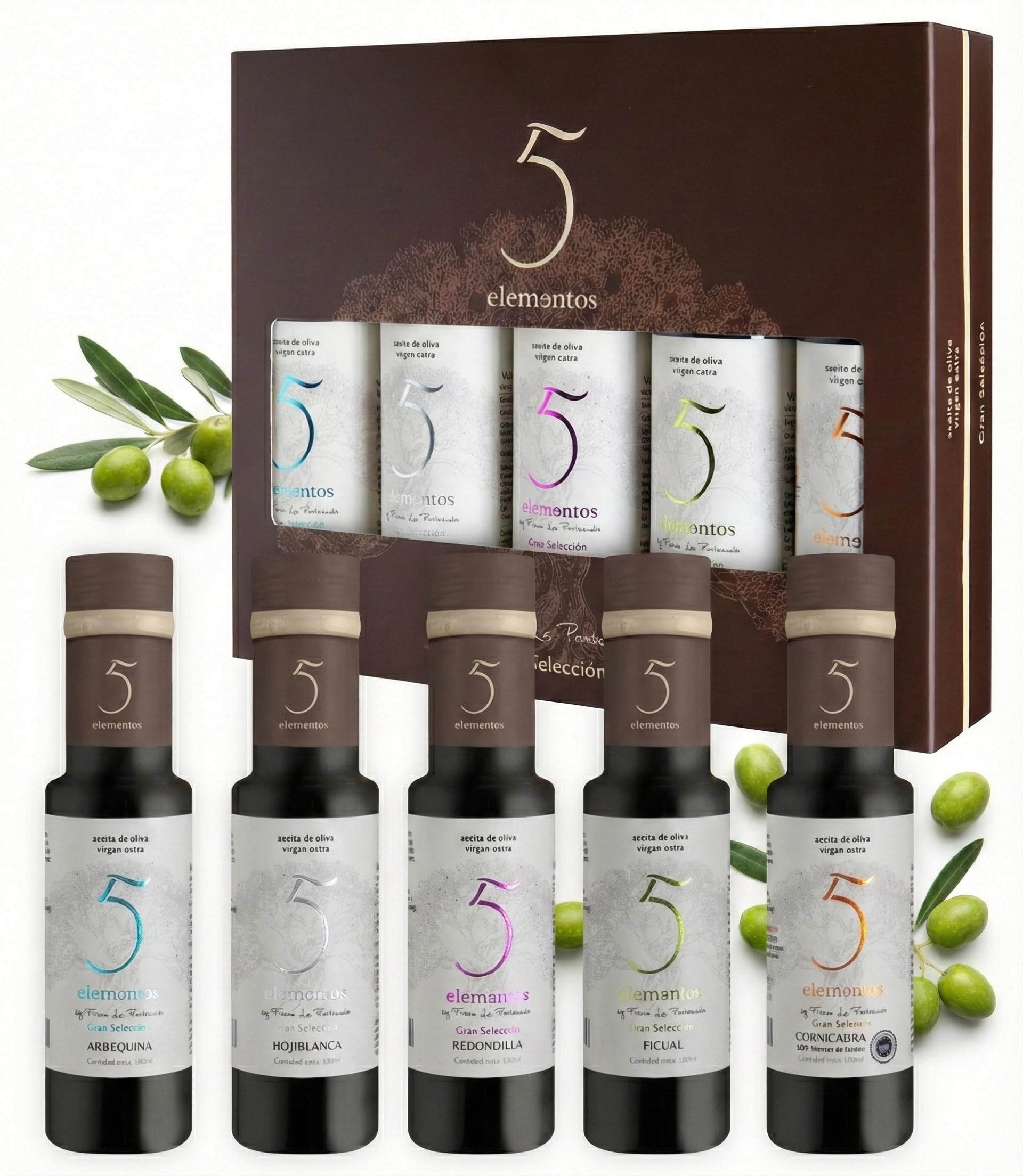 Aceite de Oliva Virgen Extra Gran Selección 5 Elementos Estuche Premium Degustación 5 Variedades Picual Arbequina Cornicabra Hojiblanca Redondilla Set Regalo Gourmet 5x100ml