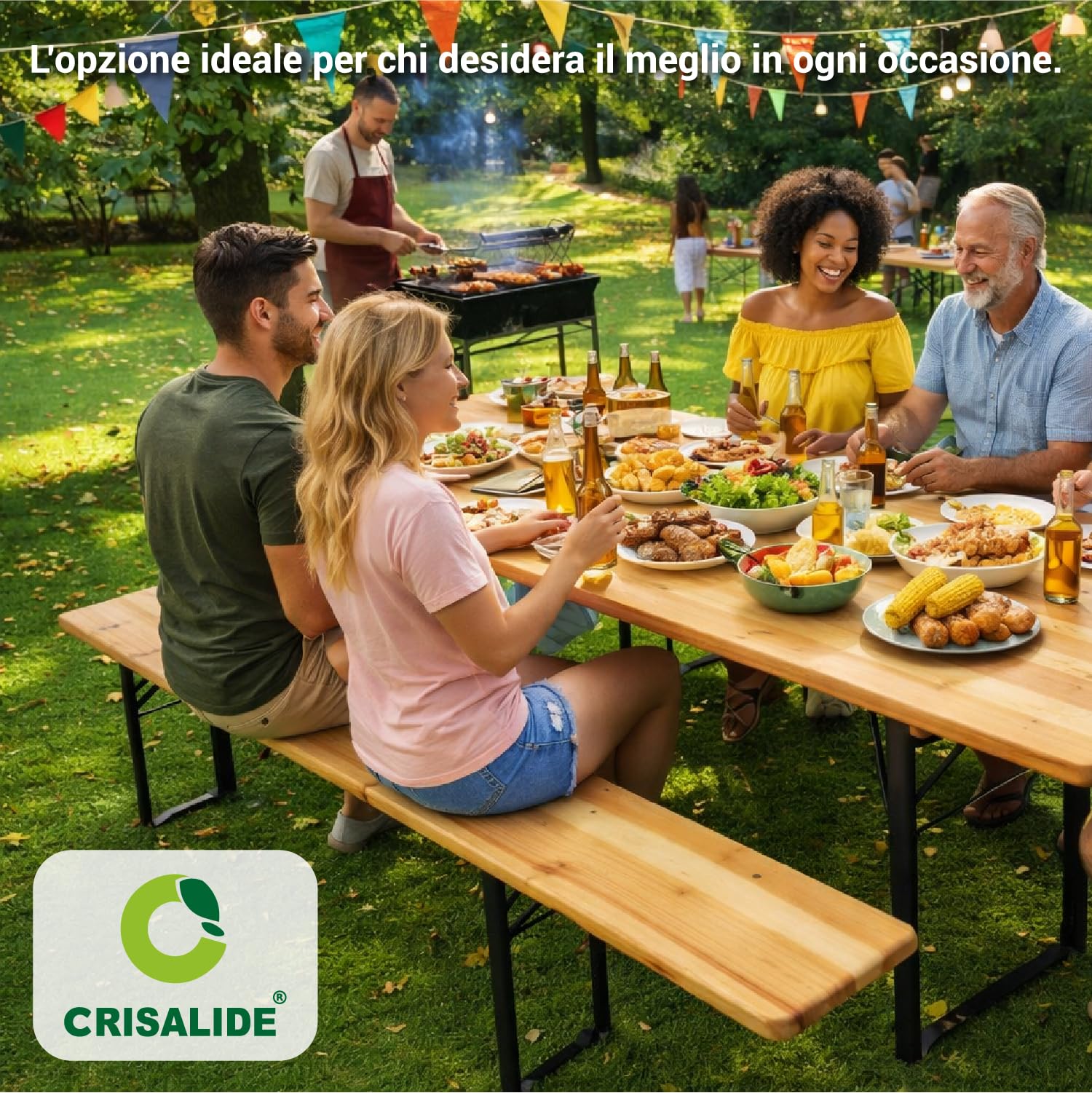 Crisalide® Set Birreria Pieghevole in Legno di Abete Tavolo 220 cm con 2 Panche Struttura in Acciaio Rinforzato 70x80 cm