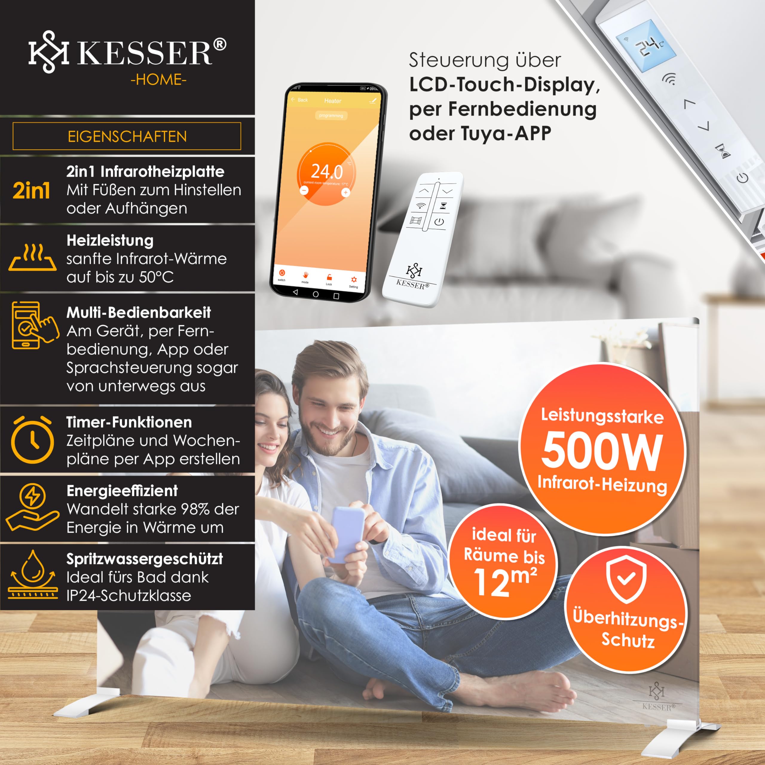KESSER® Calefacción por infrarrojos, 500 W, ahorro de energía, 2 en 1, dispositivo de pie y montaje en pared, calefacción eléctrica con detección de ventana abierta + mando a distancia y control por