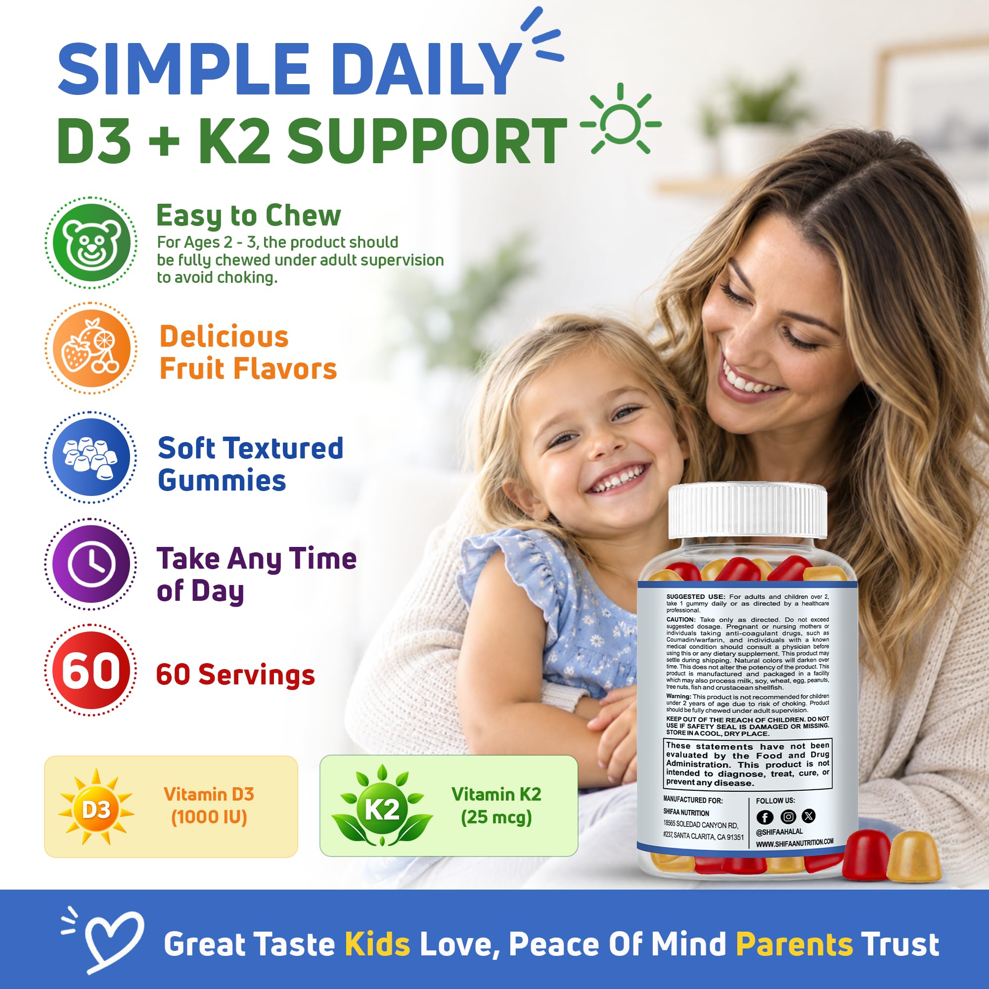 Halal Kids Vitamin D3 K2 Gummies 60 Servings 60 Ct. Vegetarian, Gelatin-Free, Gluten-Free, Non-GMO. Halal Vitamin D3 K2 Kids Supplement for Bone, Teeth & Immune Support. Peach & Strawberry Flavor — Amazon image 4