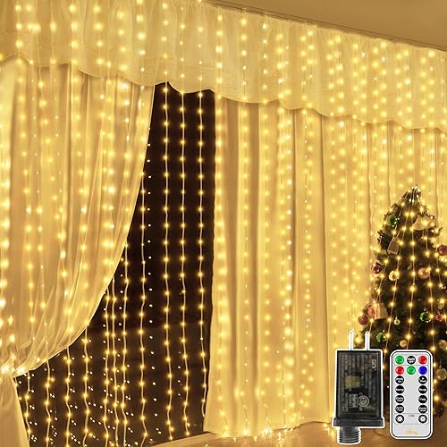 Miniatura 8 de Ollny - Tira de luces de cortina LED de 300 luces 3 m x 3 m, luces de Navidad impermeables IP67 para exteriores con control remoto, luces de hadas