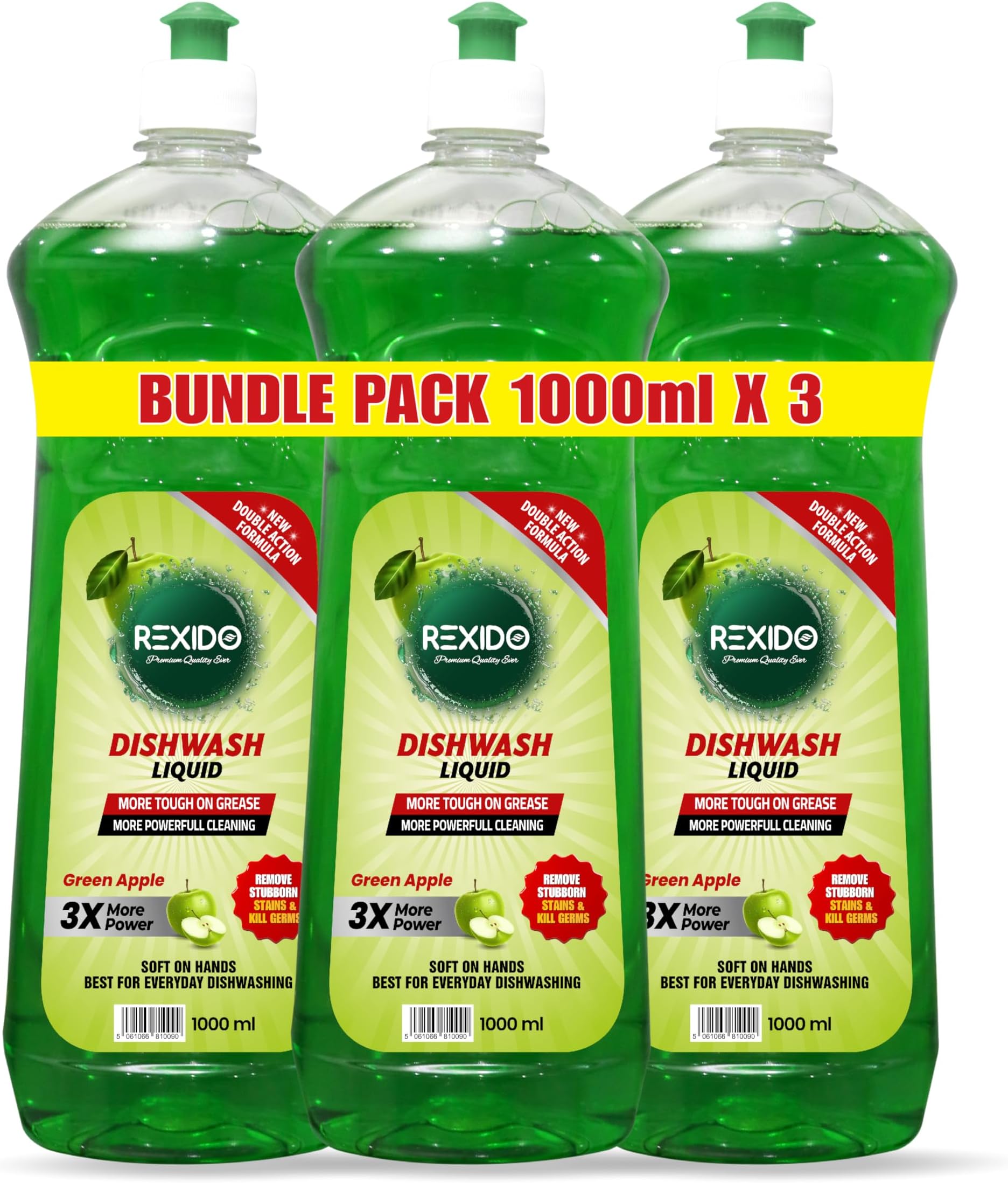 Dishwashing liquid Green Apple โ 3X Powerful Cleaning, Heavy-Duty Formula, Tough on Grease, Gentle on Skin โ 1000ml x 3-Pack (Value Bundle) for Sparkling Dishes Every Time