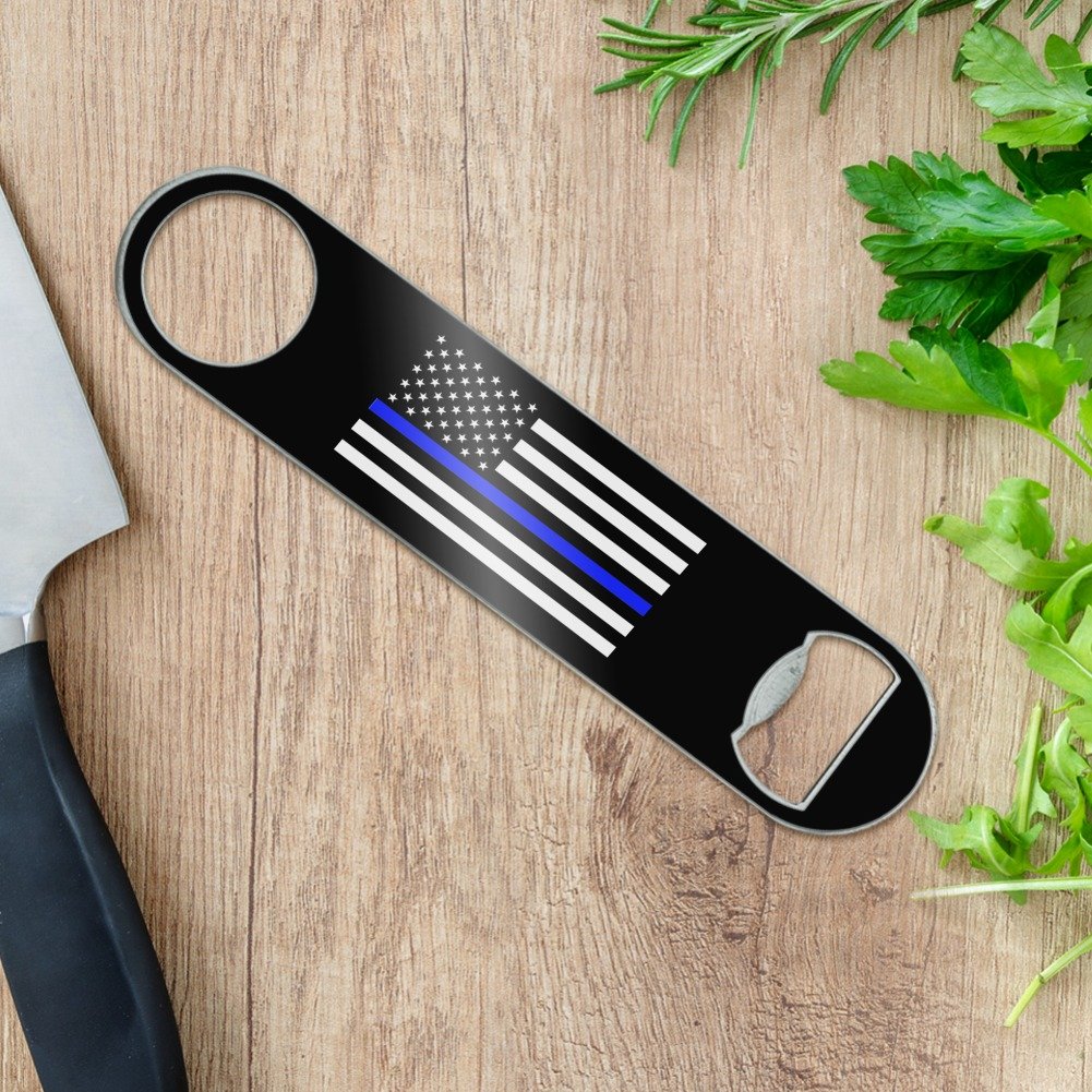 Thin Blue Line American Flag Stainless Steel Vinyl Covered Flat Bartender Speed Bar Bottle Opener