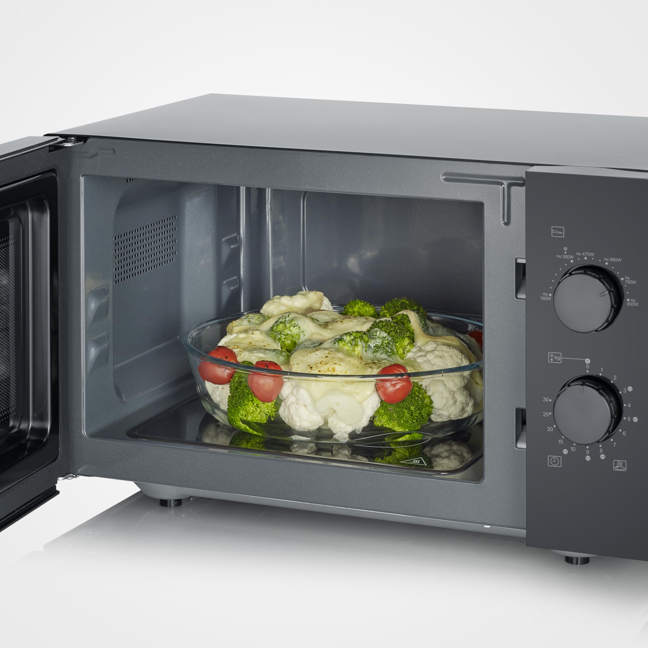 Severin Severin S-Wave Mikrowelle mit flachem Glasboden, ca. 25L, 6 Automatikprogramme bis 900W, ideal für großes Geschirr & Auflaufformen, Drehregler, Timer bis 30 Minuten, schwarz/Edelstahl, MW 7782