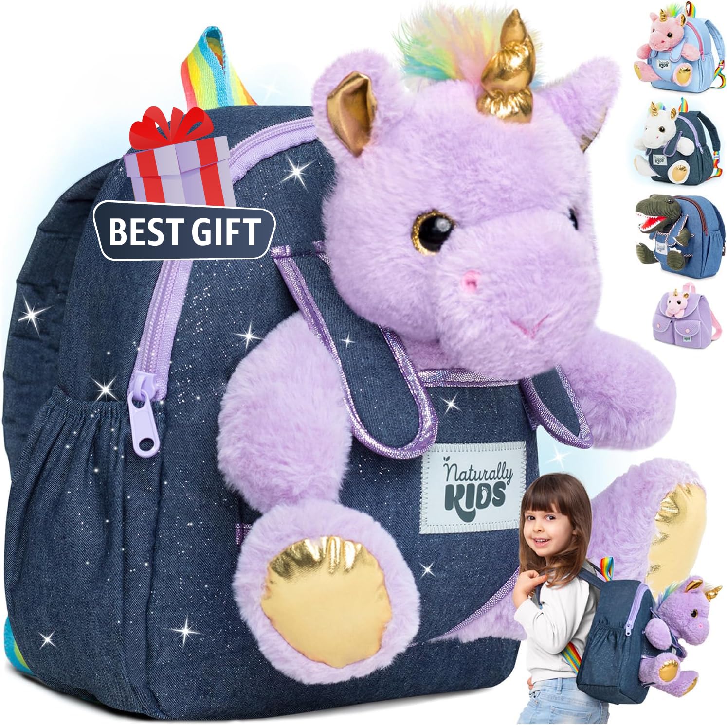 Naturally KIDS 【Upgraded】 Toddler Backpack w Removable Purple Unicorn Toy for Girls Age 2-6 | Side&Inner Pockets, Reflective Logo, Sparkling Material | Christmas Gift for 4 year old Girl