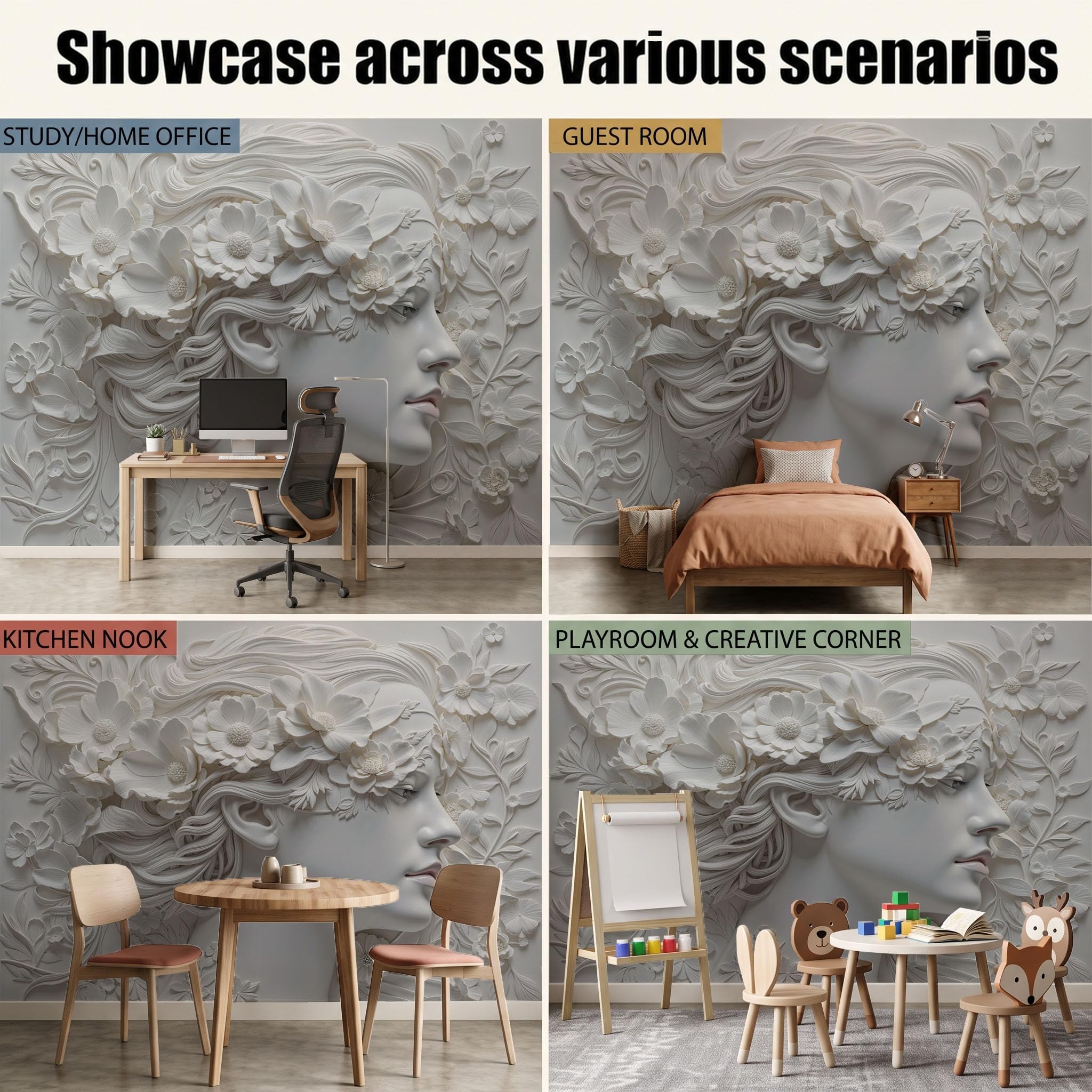 Carta da Parati Panoramica Ritratto 3D 450x315cm | Fiore sul profilo di una donna Foto Wallpaper Poster Gigante Design Bianco Murale Decor della Parete Soggiorno Camera da Letto