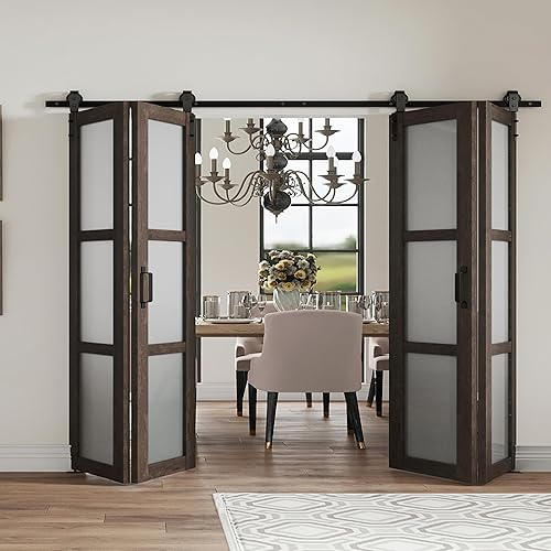 Vista 58 de Puerta de granero plegable de 36 pulgadas (18 x 2) x 84 pulgadas, puertas plegables de 3 paneles con kit de accesorios deslizantes, losa para puerta