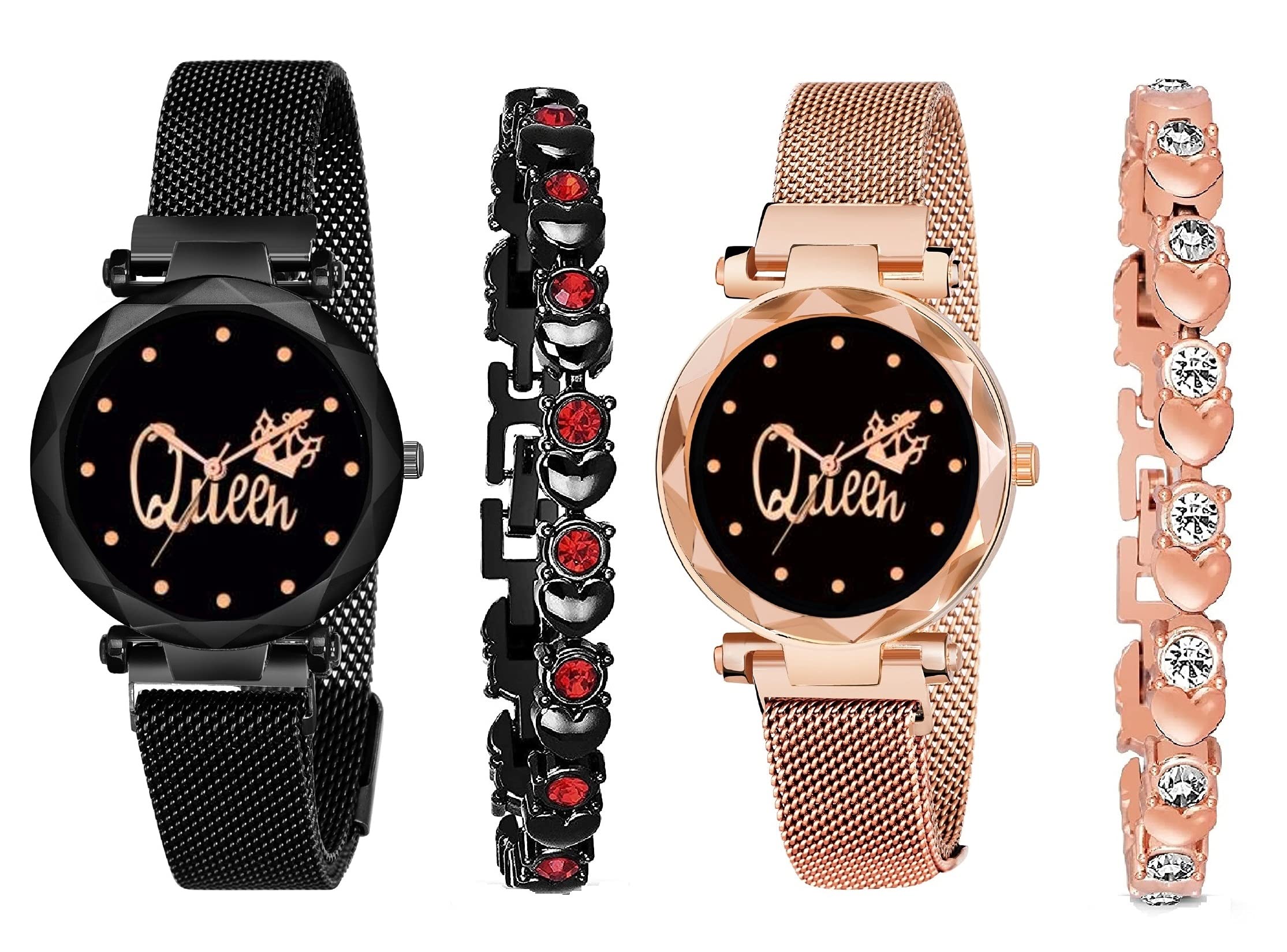 KIARVI GALLERY Clausal Black and Gold Queen Dial with Magnetic Metal Strap Analog Watch and 2 Present Gift Bracelet Set for Girls and Women (Combo of 4) (Black and Gold) (B09FXKSW6X) Amazon Price History, Amazon Price Tracker