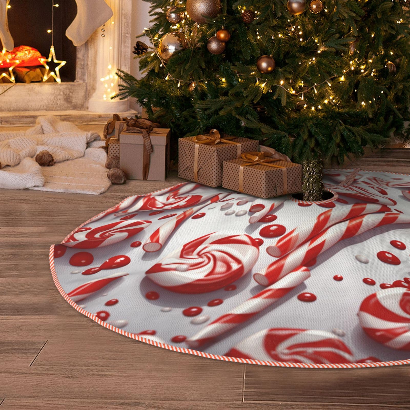 Candy Cane Christmas Tree Skirt 36" Xmas Tree Skirts Mat Xmas Soft Cover Mat Decor Winter Farmhouse Tree Skirt for Holiday Party Ornaments Home Tree Mat Decorations