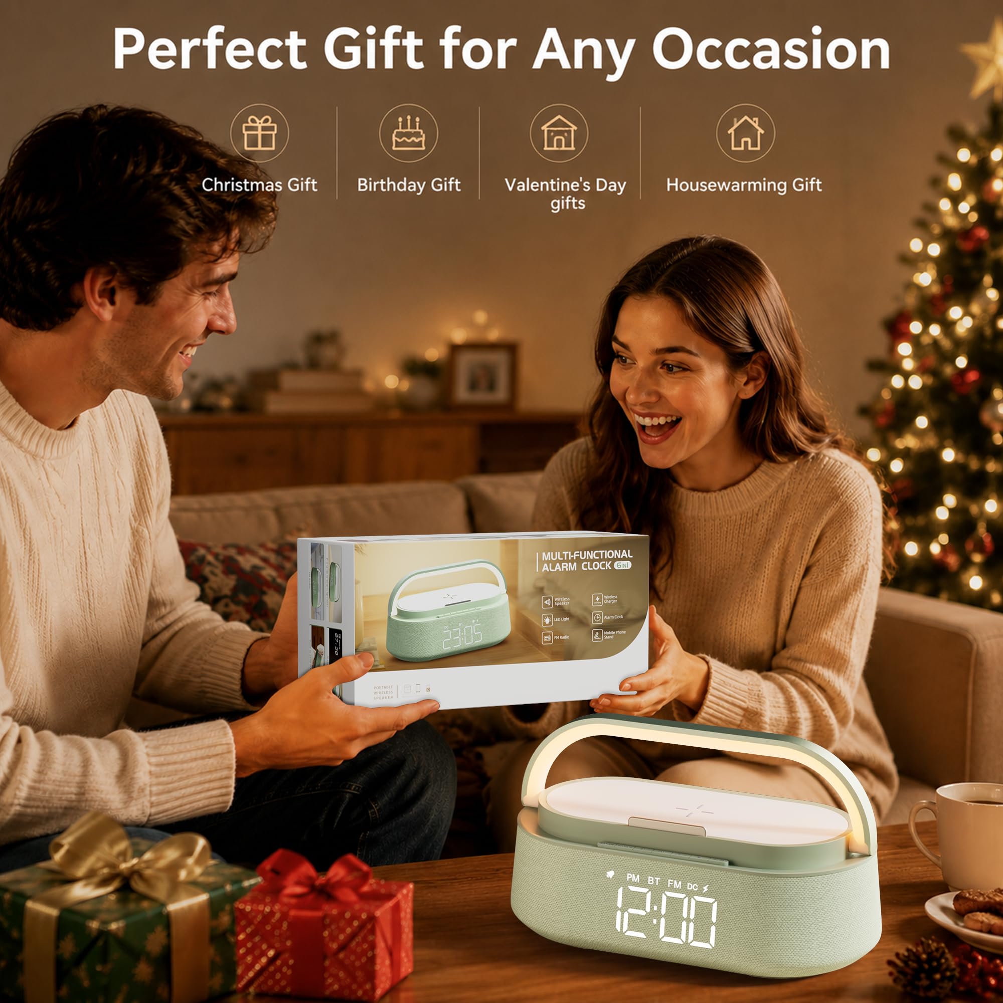 FREEFISH Sveglia con altoparlante Bluetooth con caricabatterie wireless veloce da 15 W, radio FM, luce notturna a LED, orologio di ricarica wireless per camere da letto, ufficio, casa, regali